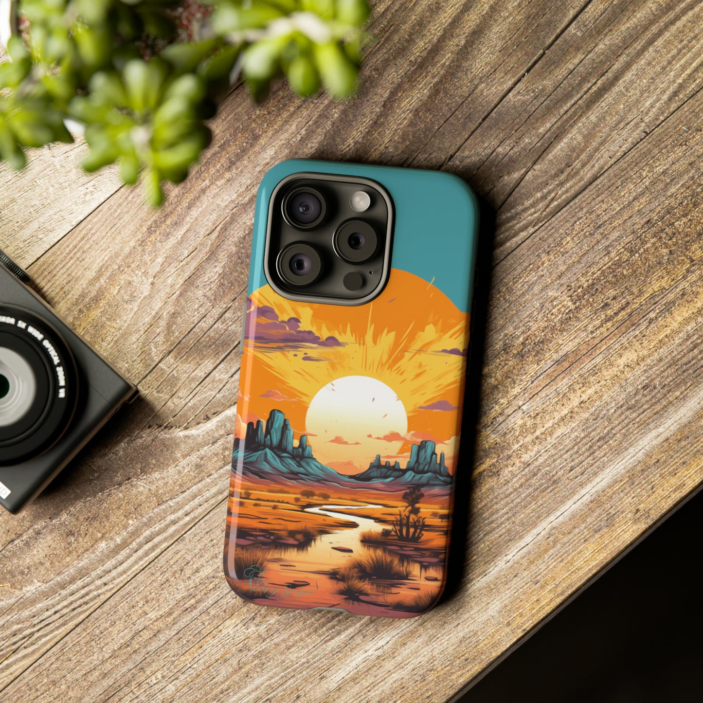 Introducing our Tough Western Cell Phone Case: Turquoise Twilight Oasis Edition! This captivating design showcases a serene landscape with a turquoise background and a mesmerizing setting sun. Enjoy the perfect blend of rugged protection and artistic flair.