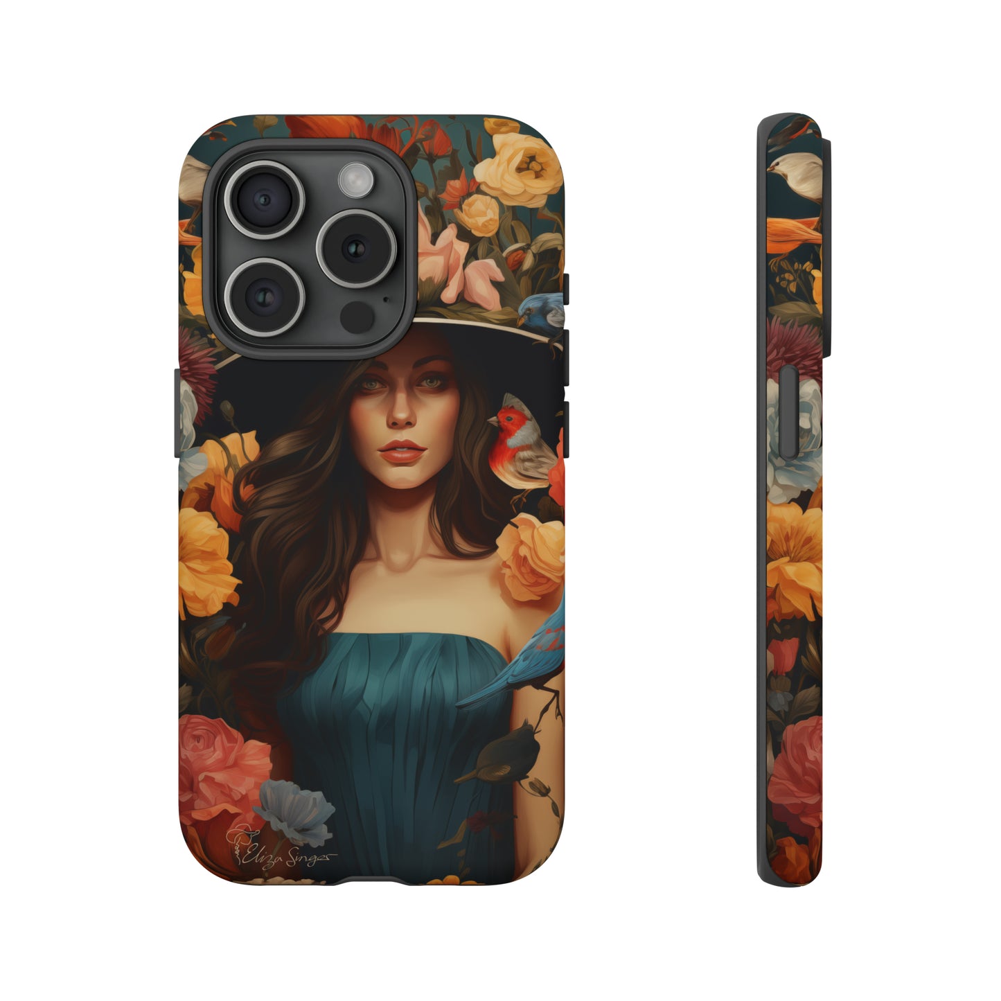 Dark Elegance Unveiled: Explore our Tough Cell Phone Case with a captivating dark background and a woman adorned with a hat amid blooming flowers. This edition seamlessly blends sophistication with robust protection, showcasing the allure of dark elegance. Elevate your style and shield your device. #ElizaSinger #PhoneCase #ElegantProtection