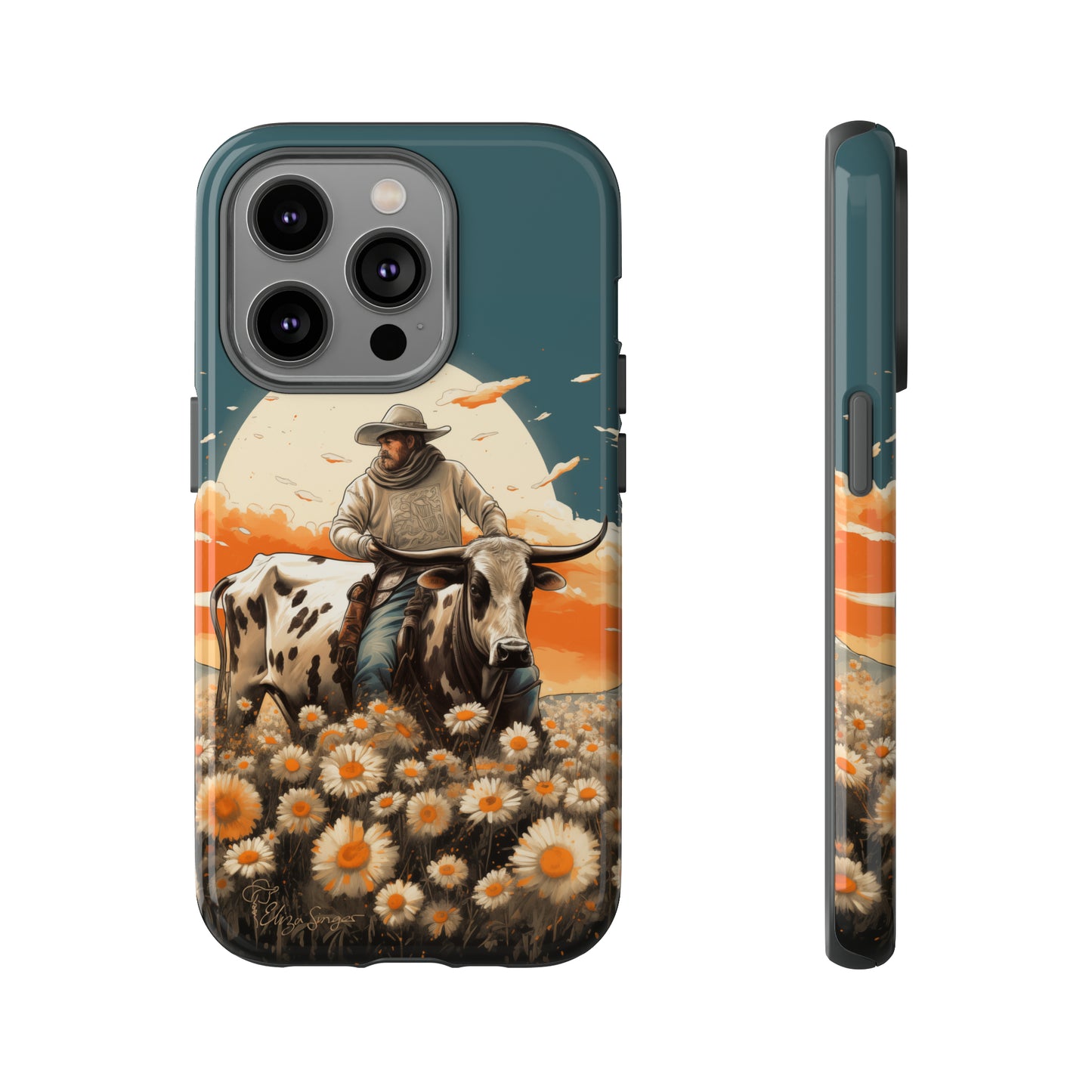 Harmony of Contrasts: Dive into our Tough Cell Phone Case, a visual symphony featuring a bullrider on a black and white dairy cow amidst a vibrant field of flowers. This edition effortlessly merges toughness with artistic flair, offering a unique and captivating contrast. Elevate your phone with rugged elegance. #ElizaSinger #PhoneCase #ContrastHarmony
