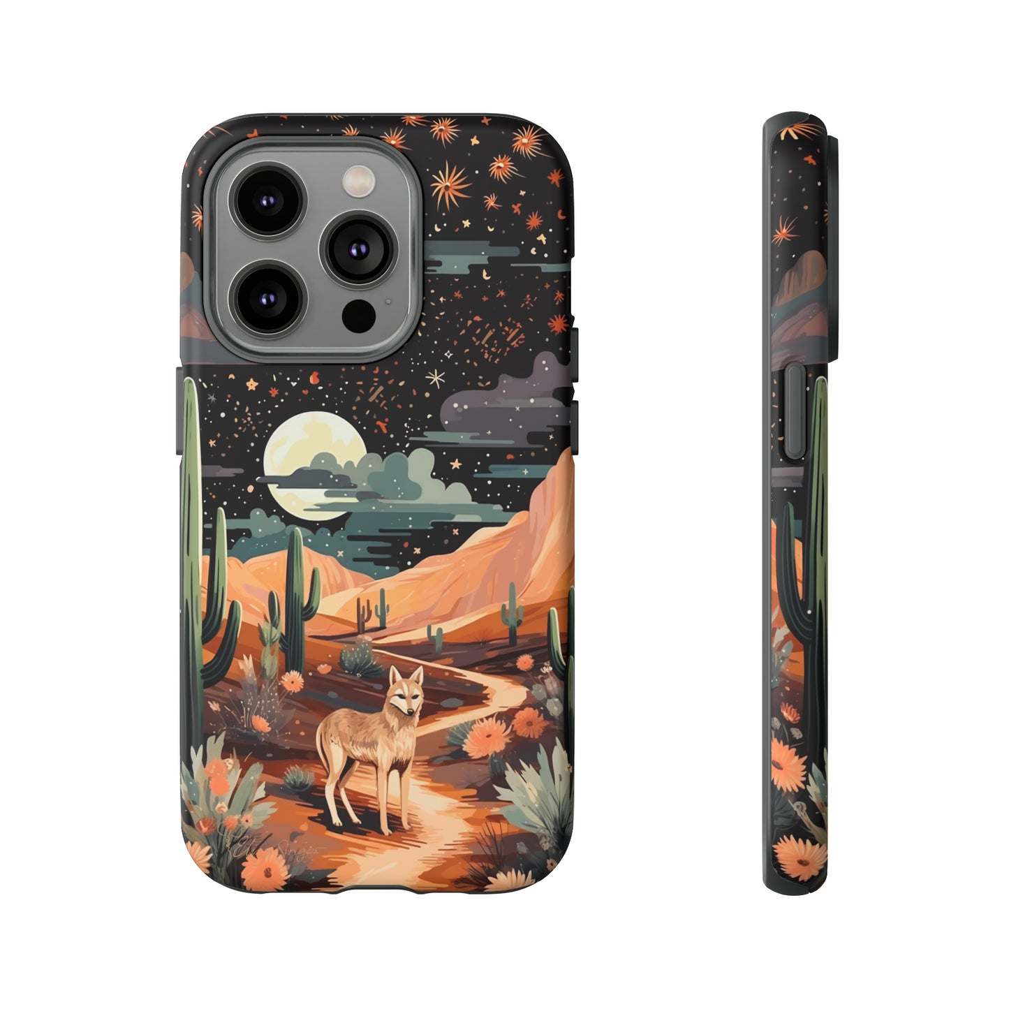 Unveiling our Tough Western Cell Phone Case: Stellar Desert Jackal Edition! Embrace the beauty of the night with a jackal in a desert landscape, under a starry sky, surrounded by cacti. This case provides rugged protection with a touch of celestial elegance.
