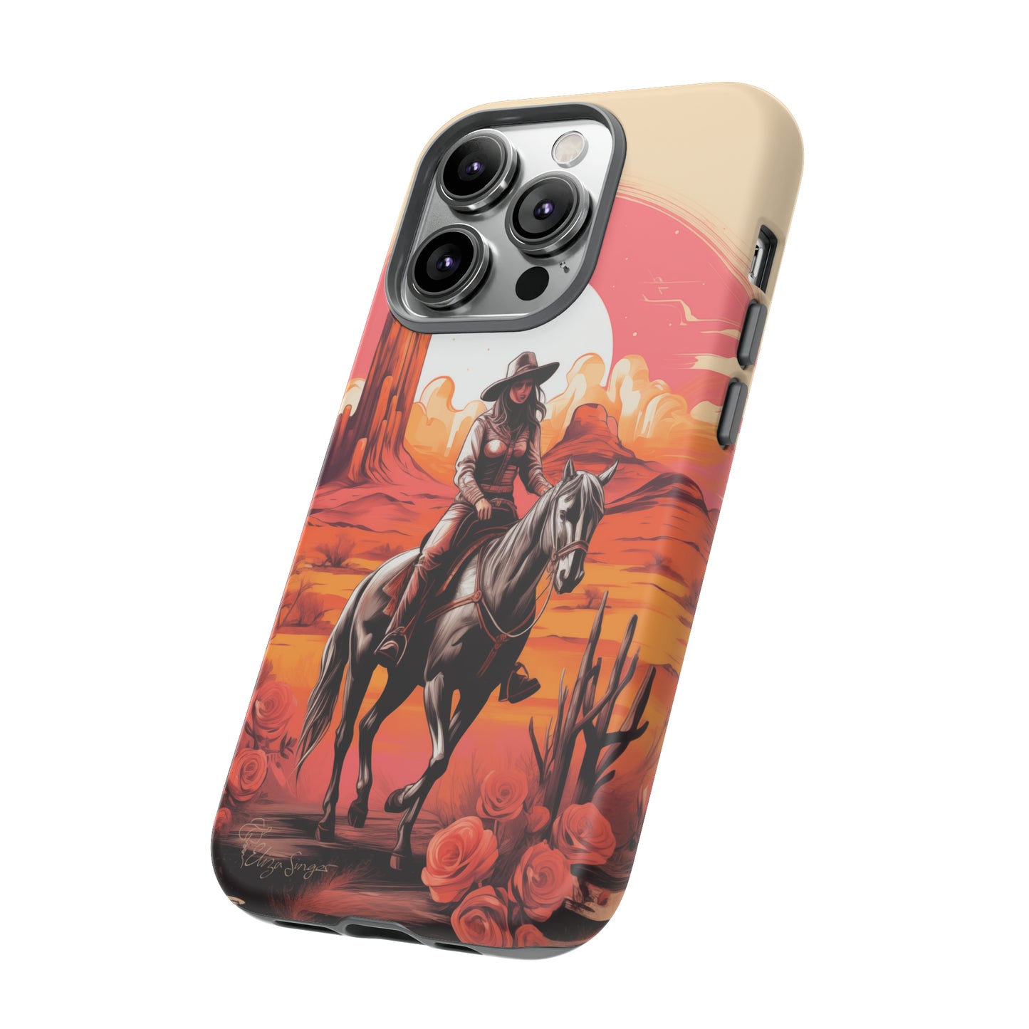 Feminine Adventure Unleashed: Introducing our Tough Western Cell Phone Case, adorned with a stunning design of a cowgirl riding a horse through the desert, surrounded by shades of coral. This unique edition seamlessly combines rugged protection with a touch of feminine flair. Elevate your style with a dash of adventurous charm. #ElizaSinger #PhoneCase #FeminineAdventure