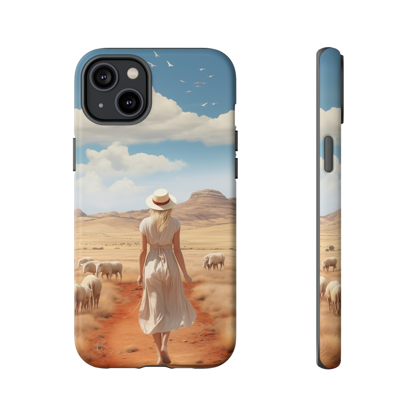 Serenity in Hand: Our Tough Western Cell Phone Case invites you to experience tranquility. A vintage painted design portrays a woman in a skirt and hat walking on a dirt road through a prairie, with grazing sheep. Let the vanishing horizon captivate your senses. Elevate your phone with timeless beauty. #ElizaSinger #PhoneCase