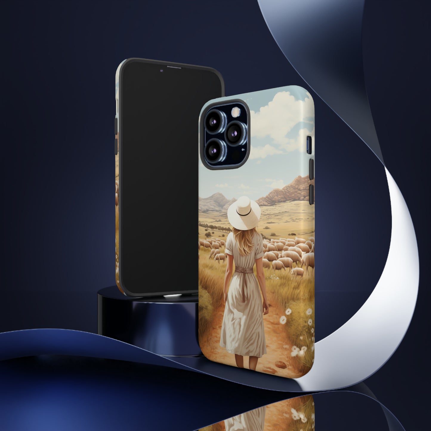Dreamy Nostalgia: Immerse yourself in a vintage painted landscape with our Tough Western Cell Phone Case. Adorned with a woman in a hat strolling through a prairie with sheep, this edition captures the magic of the past. Elevate your phone with timeless charm. #ElizaSinger #PhoneCase