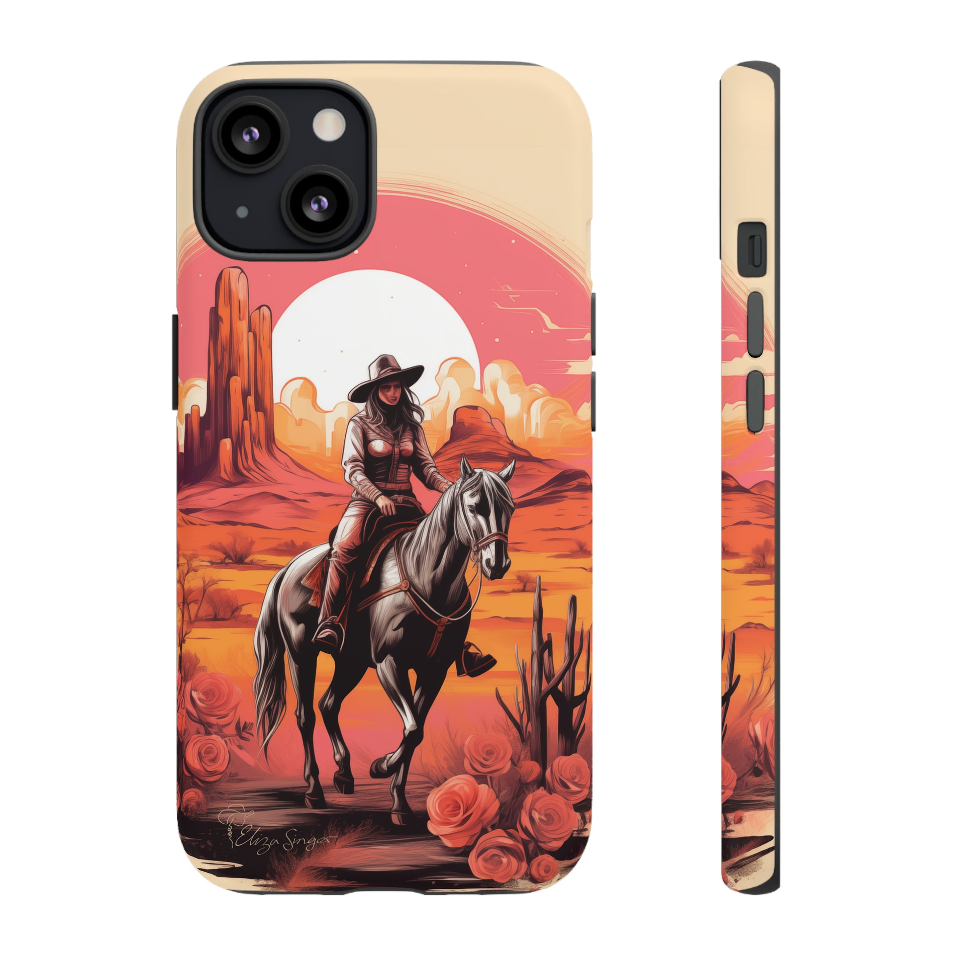 Feminine Adventure Unleashed: Introducing our Tough Western Cell Phone Case, adorned with a stunning design of a cowgirl riding a horse through the desert, surrounded by shades of coral. This unique edition seamlessly combines rugged protection with a touch of feminine flair. Elevate your style with a dash of adventurous charm. #ElizaSinger #PhoneCase #FeminineAdventure