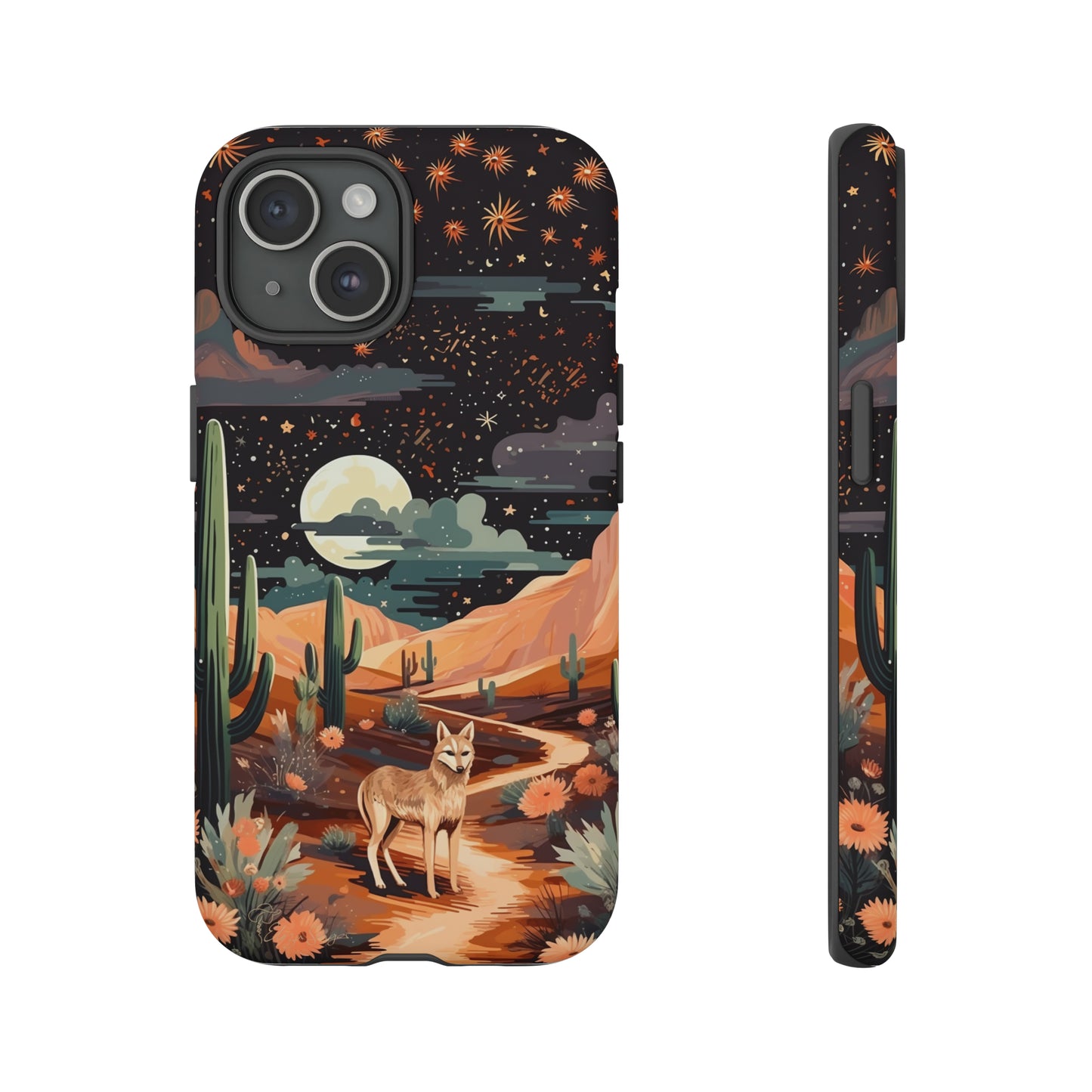 Introducing our Tough Western Cell Phone Case: Twilight Desert Jackal Remix Edition! A variation of our popular design, this edition features a jackal in a desert landscape with a starry night sky and cacti. Get ready for a unique twist on classic rugged protection.