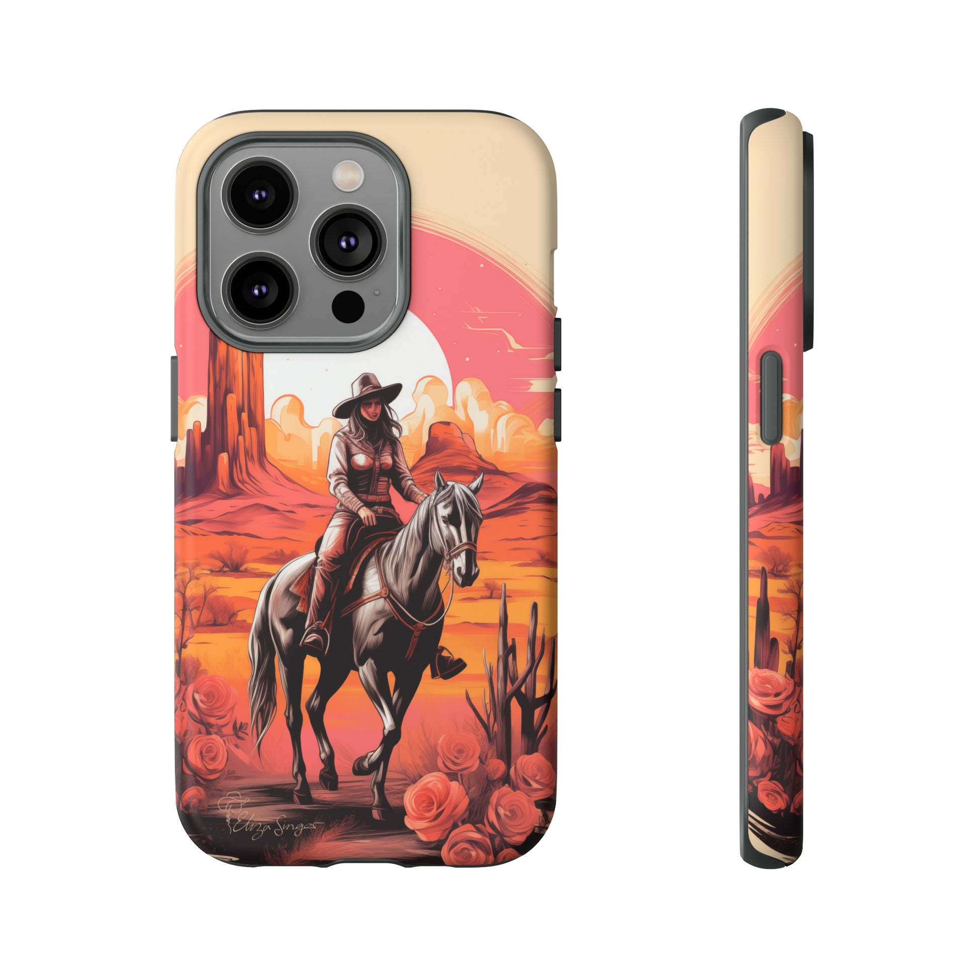 Feminine Adventure Unleashed: Introducing our Tough Western Cell Phone Case, adorned with a stunning design of a cowgirl riding a horse through the desert, surrounded by shades of coral. This unique edition seamlessly combines rugged protection with a touch of feminine flair. Elevate your style with a dash of adventurous charm. #ElizaSinger #PhoneCase #FeminineAdventure