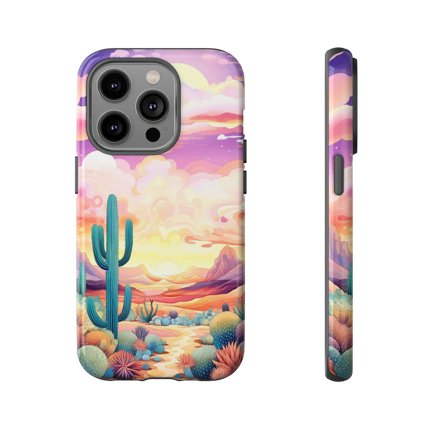 Introducing our Western Tough Cell Phone Case: Psychedelic Desert Dream Edition! Step into a surreal world with a psychedelic desert landscape, dreamy sky, and cactus. This case combines rugged protection with a touch of otherworldly charm.
