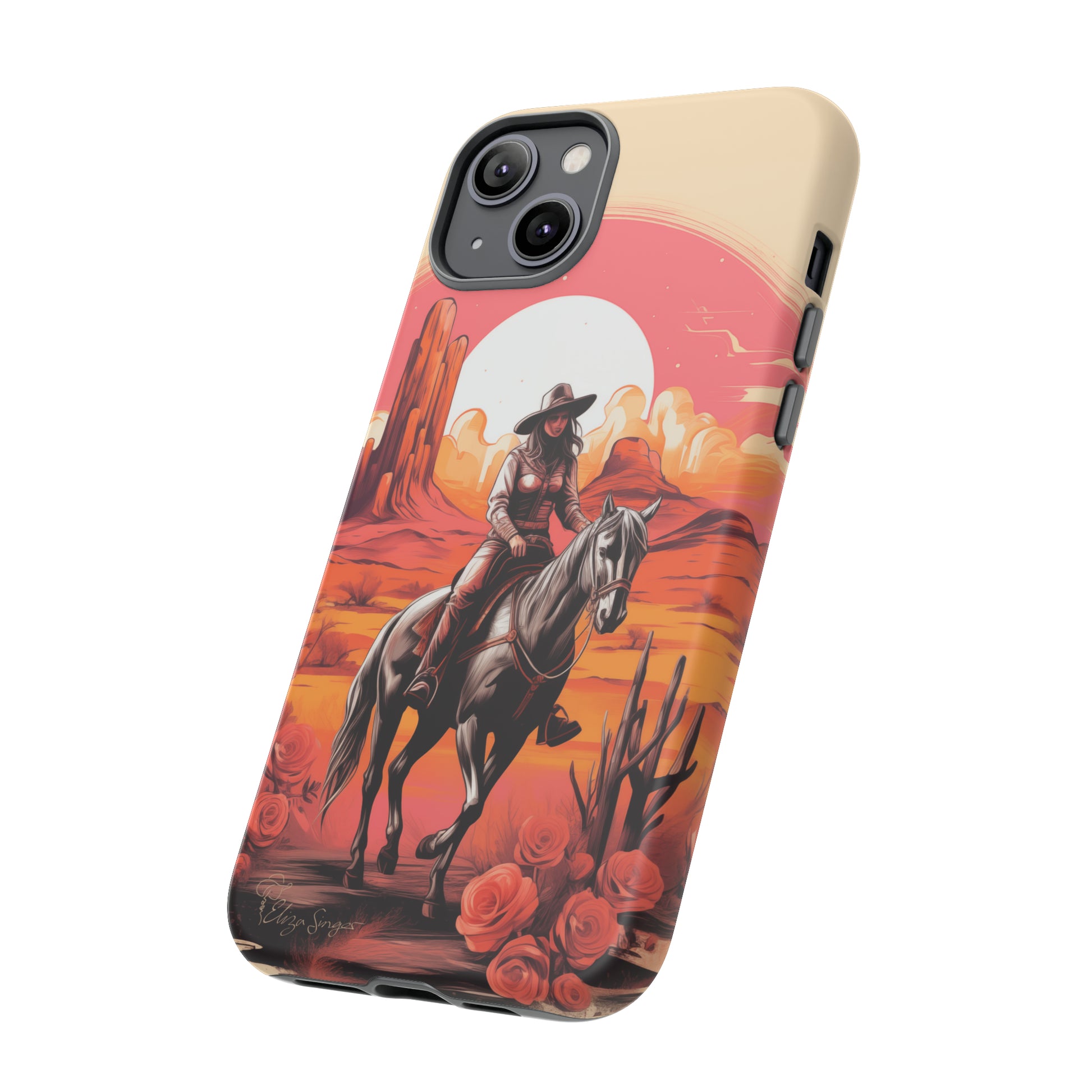 Feminine Adventure Unleashed: Introducing our Tough Western Cell Phone Case, adorned with a stunning design of a cowgirl riding a horse through the desert, surrounded by shades of coral. This unique edition seamlessly combines rugged protection with a touch of feminine flair. Elevate your style with a dash of adventurous charm. #ElizaSinger #PhoneCase #FeminineAdventure
