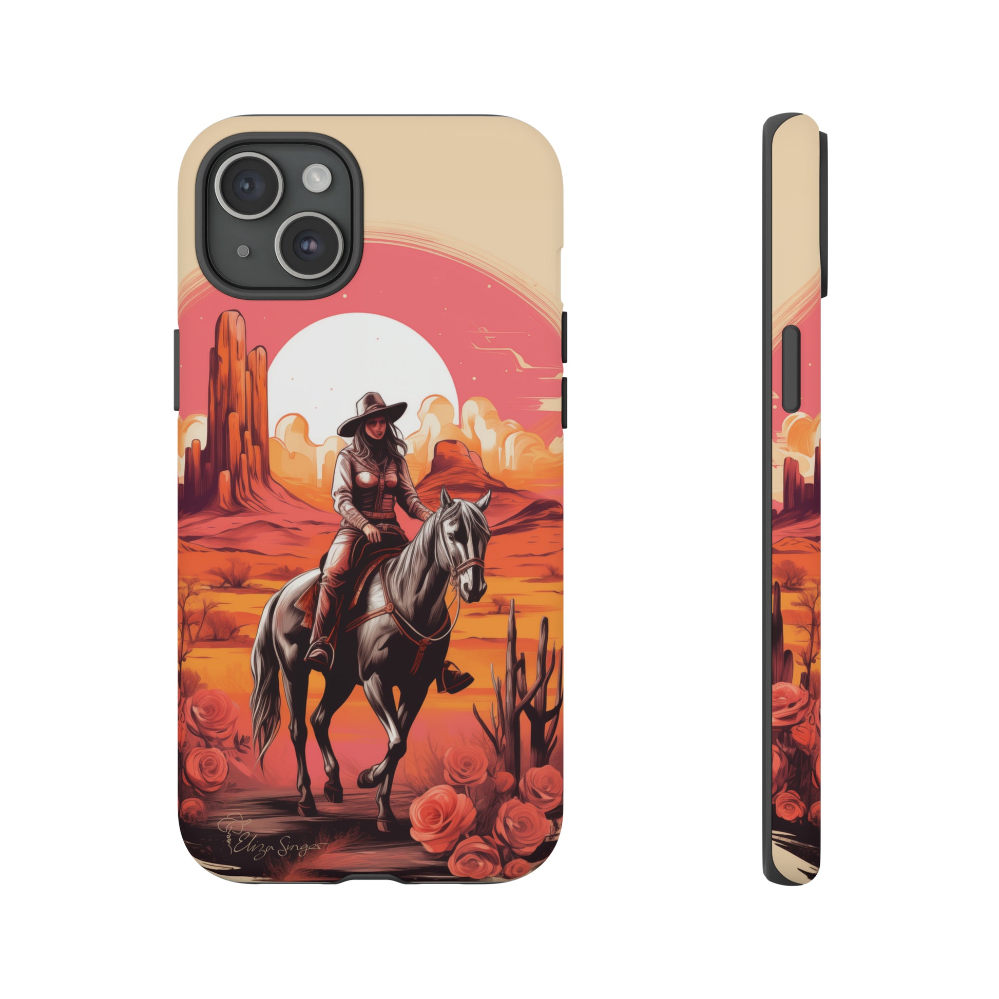 Feminine Adventure Unleashed: Introducing our Tough Western Cell Phone Case, adorned with a stunning design of a cowgirl riding a horse through the desert, surrounded by shades of coral. This unique edition seamlessly combines rugged protection with a touch of feminine flair. Elevate your style with a dash of adventurous charm. #ElizaSinger #PhoneCase #FeminineAdventure