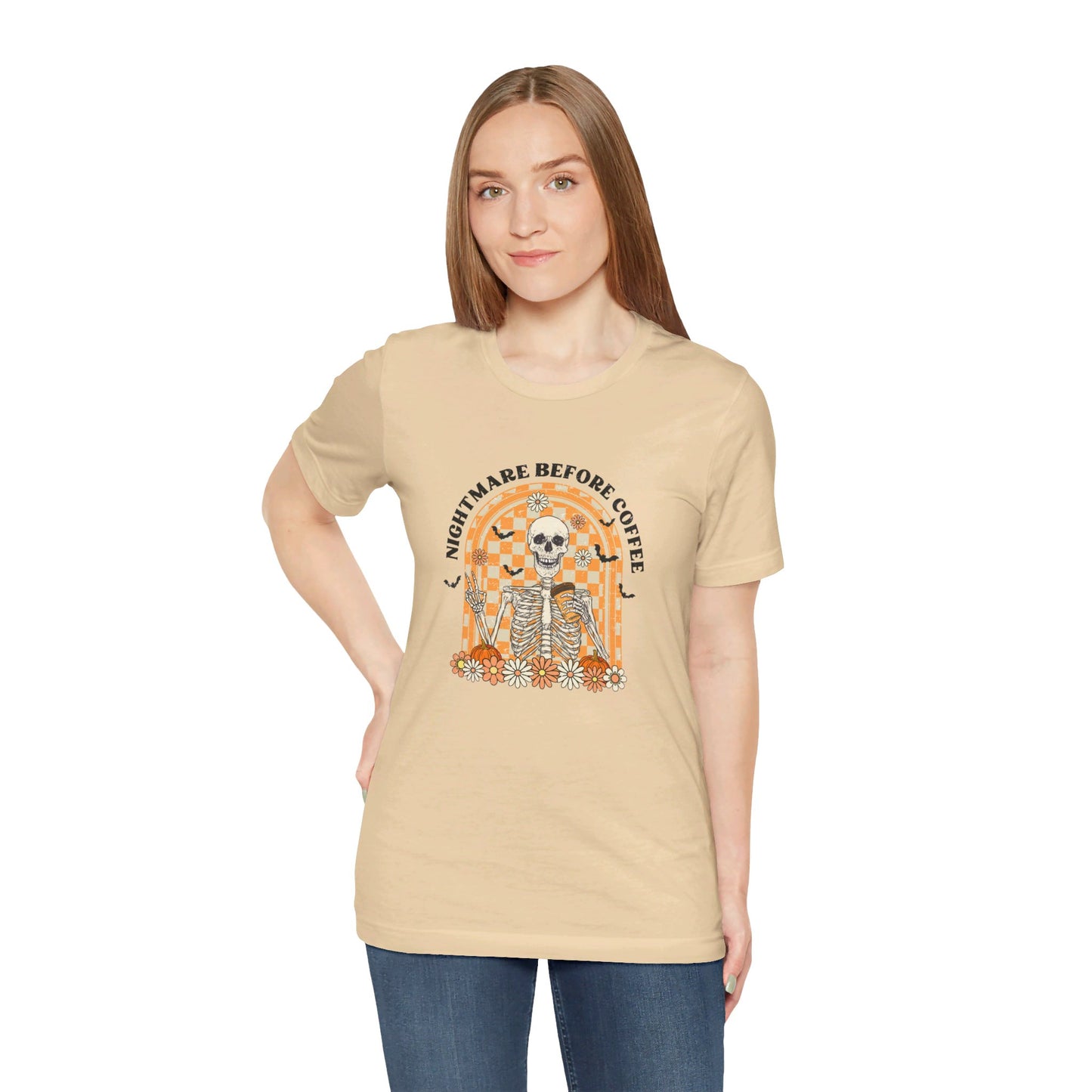 Nightmare Before Coffee: Halloween Bella Canvas T-shirt with Skeleton