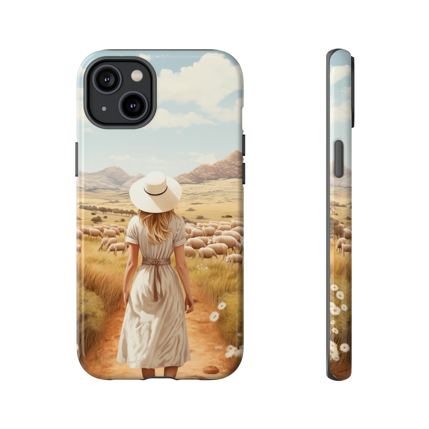 Dreamy Nostalgia: Immerse yourself in a vintage painted landscape with our Tough Western Cell Phone Case. Adorned with a woman in a hat strolling through a prairie with sheep, this edition captures the magic of the past. Elevate your phone with timeless charm. #ElizaSinger #PhoneCase