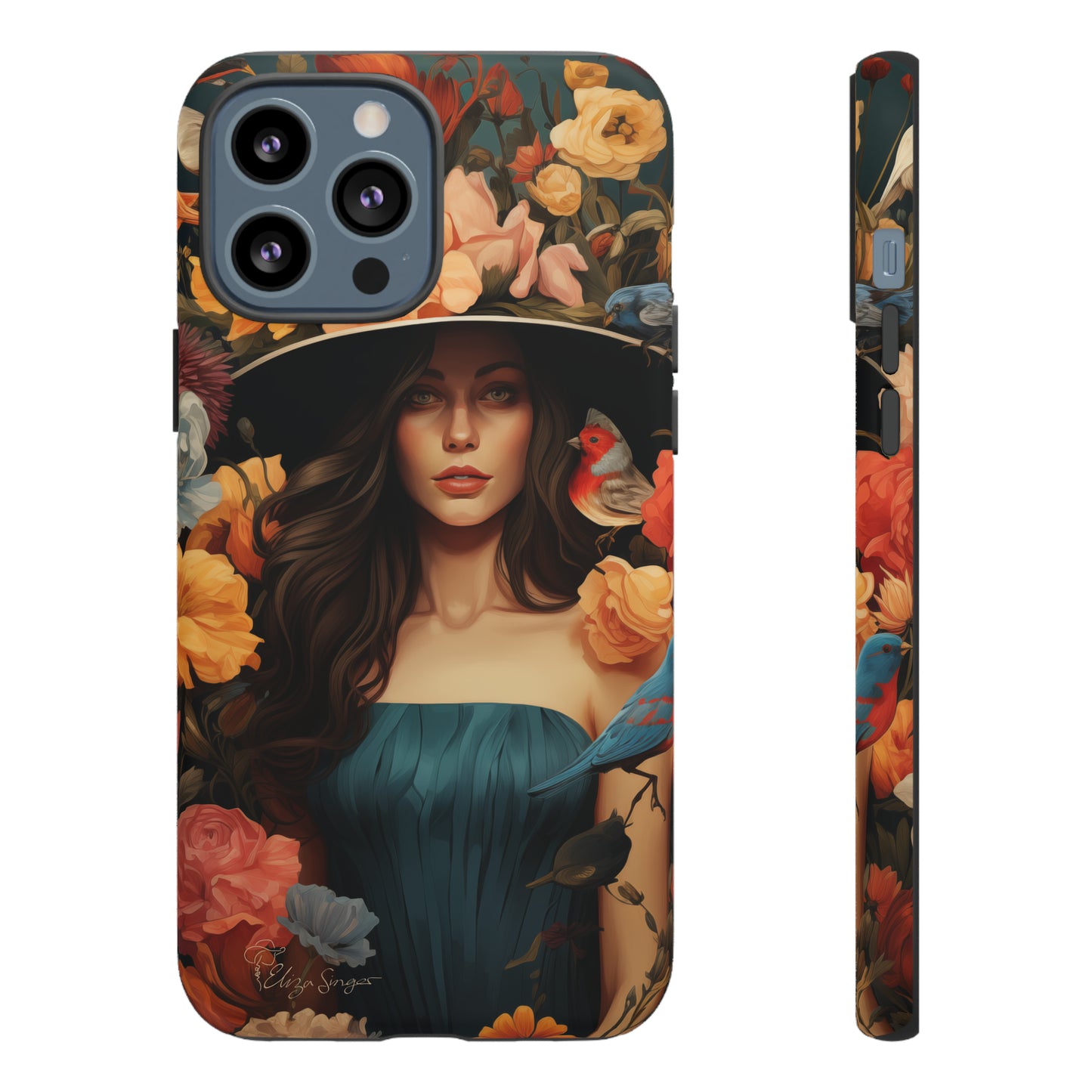 Dark Elegance Unveiled: Explore our Tough Cell Phone Case with a captivating dark background and a woman adorned with a hat amid blooming flowers. This edition seamlessly blends sophistication with robust protection, showcasing the allure of dark elegance. Elevate your style and shield your device. #ElizaSinger #PhoneCase #ElegantProtection