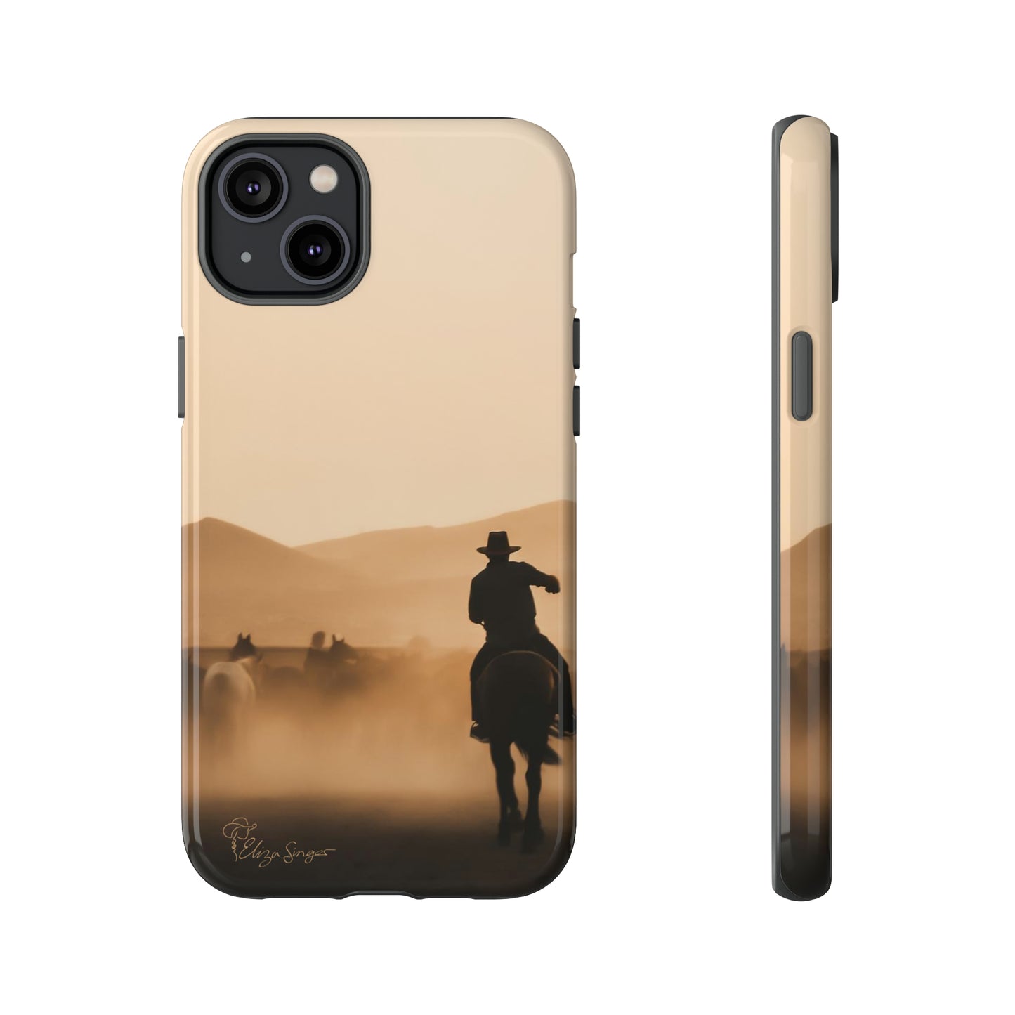 Capture the Western Spirit: Horse Art Western Photo Yellowstone Design iPhone Tough Protective Cover. Featuring a Cowboy amidst Mountains and Buckskin hues. Compatible with iPhone 15, 14, 13, XS, XR Pro/Max/Mini/P/Plus. Bring the Wild West to Your Device with Style and Durability. #ElizaSinger #PhoneCase #WesternDesign