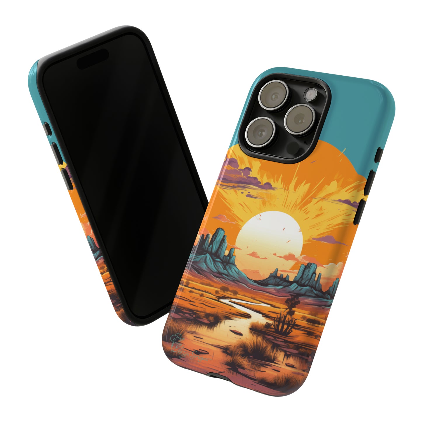 Introducing our Tough Western Cell Phone Case: Turquoise Twilight Oasis Edition! This captivating design showcases a serene landscape with a turquoise background and a mesmerizing setting sun. Enjoy the perfect blend of rugged protection and artistic flair.