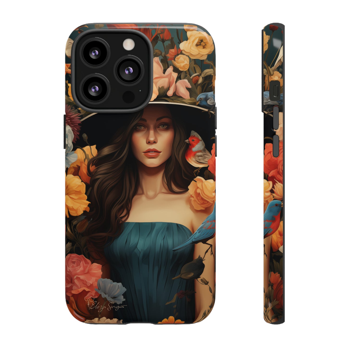 Dark Elegance Unveiled: Explore our Tough Cell Phone Case with a captivating dark background and a woman adorned with a hat amid blooming flowers. This edition seamlessly blends sophistication with robust protection, showcasing the allure of dark elegance. Elevate your style and shield your device. #ElizaSinger #PhoneCase #ElegantProtection