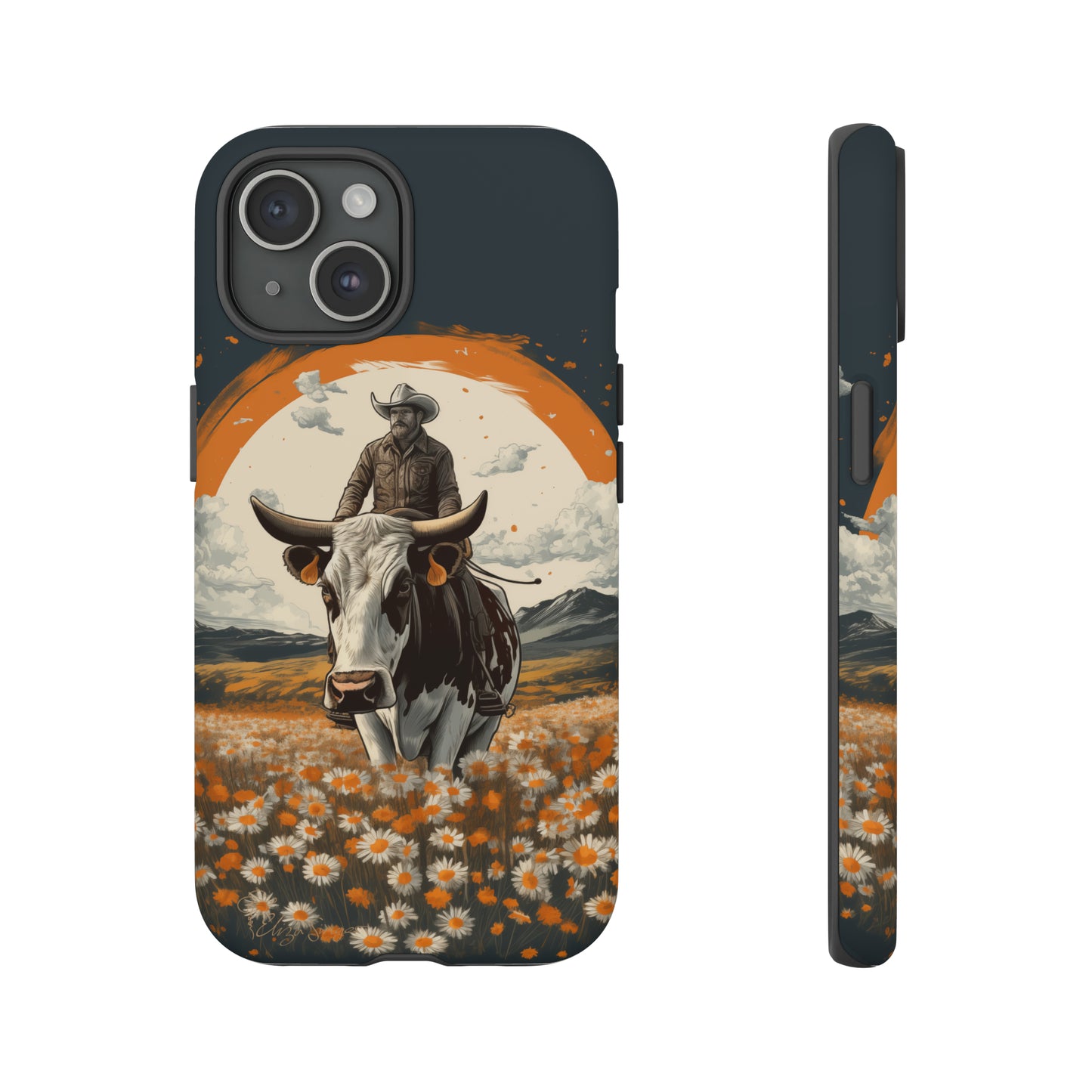 Meet 'Rugged Wrangler': Introducing our Tough Western Cell Phone Case. This unique design seamlessly combines rugged protection with a touch of whimsy, showcasing a fearless cowboy astride a dairy cow amidst a field of vibrant daisies. Elevate your style with this adventurous and protective accessory. #ElizaSinger #PhoneCase #RuggedWrangler