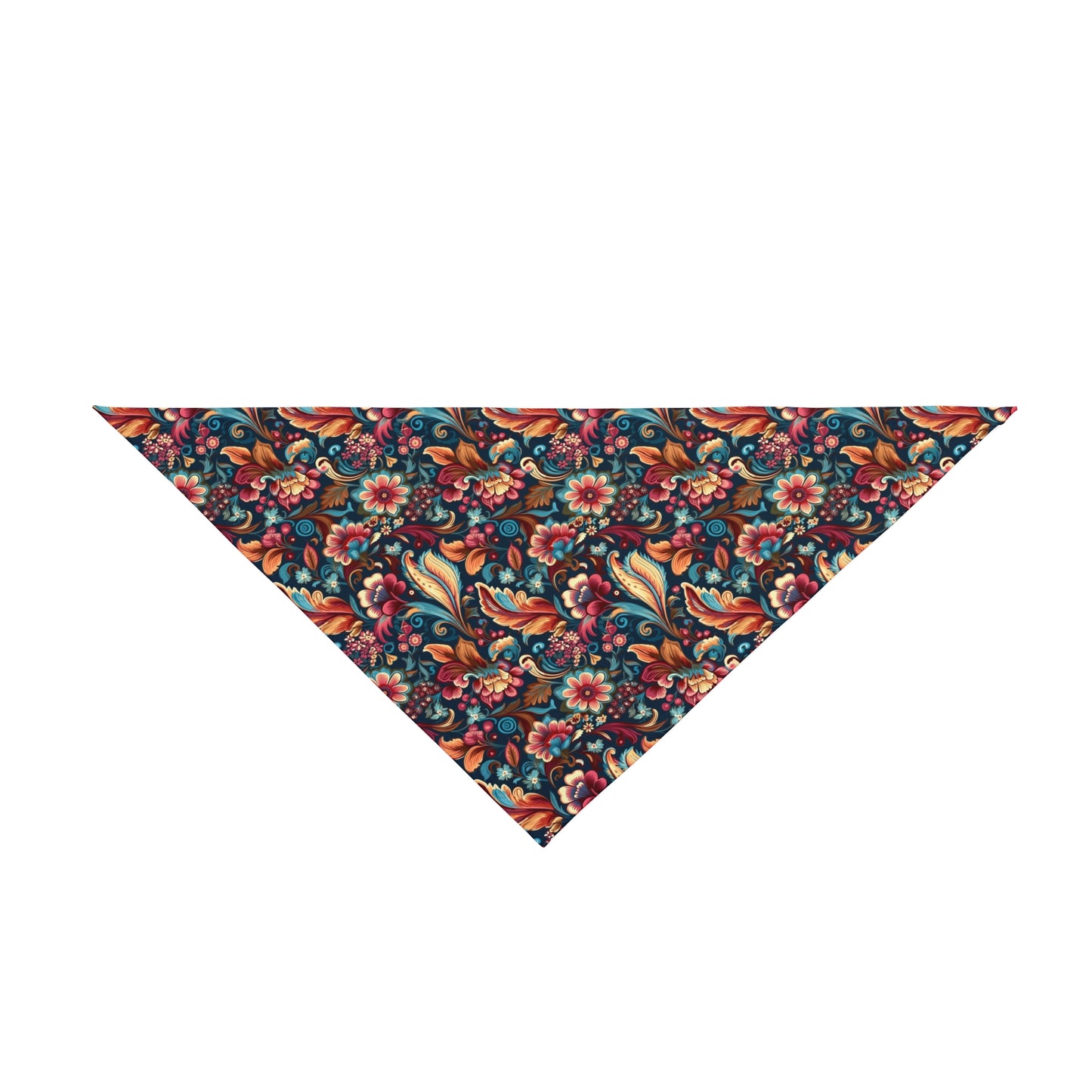 Immerse your dog in a Floral Symphony with our Dog Bandana/Wild Rag. The dark navy background adorned with flowers and paisley details in pink, turquoise, beige, orange, and more creates a harmonious and stylish ensemble. Crafted from soft-spun polyester, this wild rag ensures comfort and style. Also available for humans, exclusively at Eliza Singer.