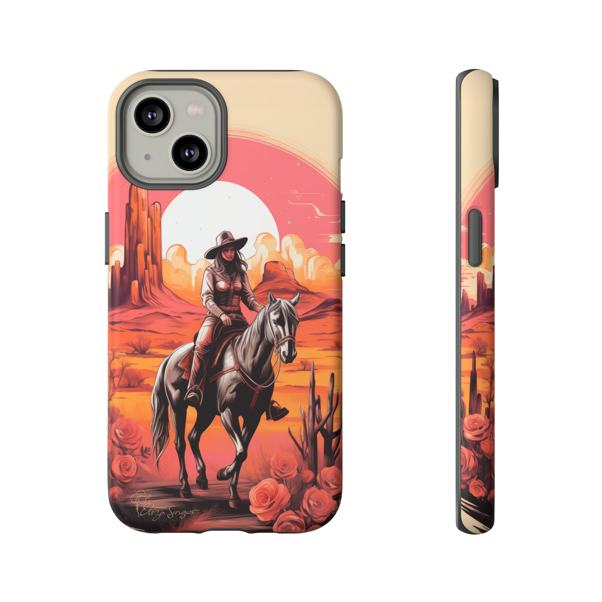 Feminine Adventure Unleashed: Introducing our Tough Western Cell Phone Case, adorned with a stunning design of a cowgirl riding a horse through the desert, surrounded by shades of coral. This unique edition seamlessly combines rugged protection with a touch of feminine flair. Elevate your style with a dash of adventurous charm. #ElizaSinger #PhoneCase #FeminineAdventure