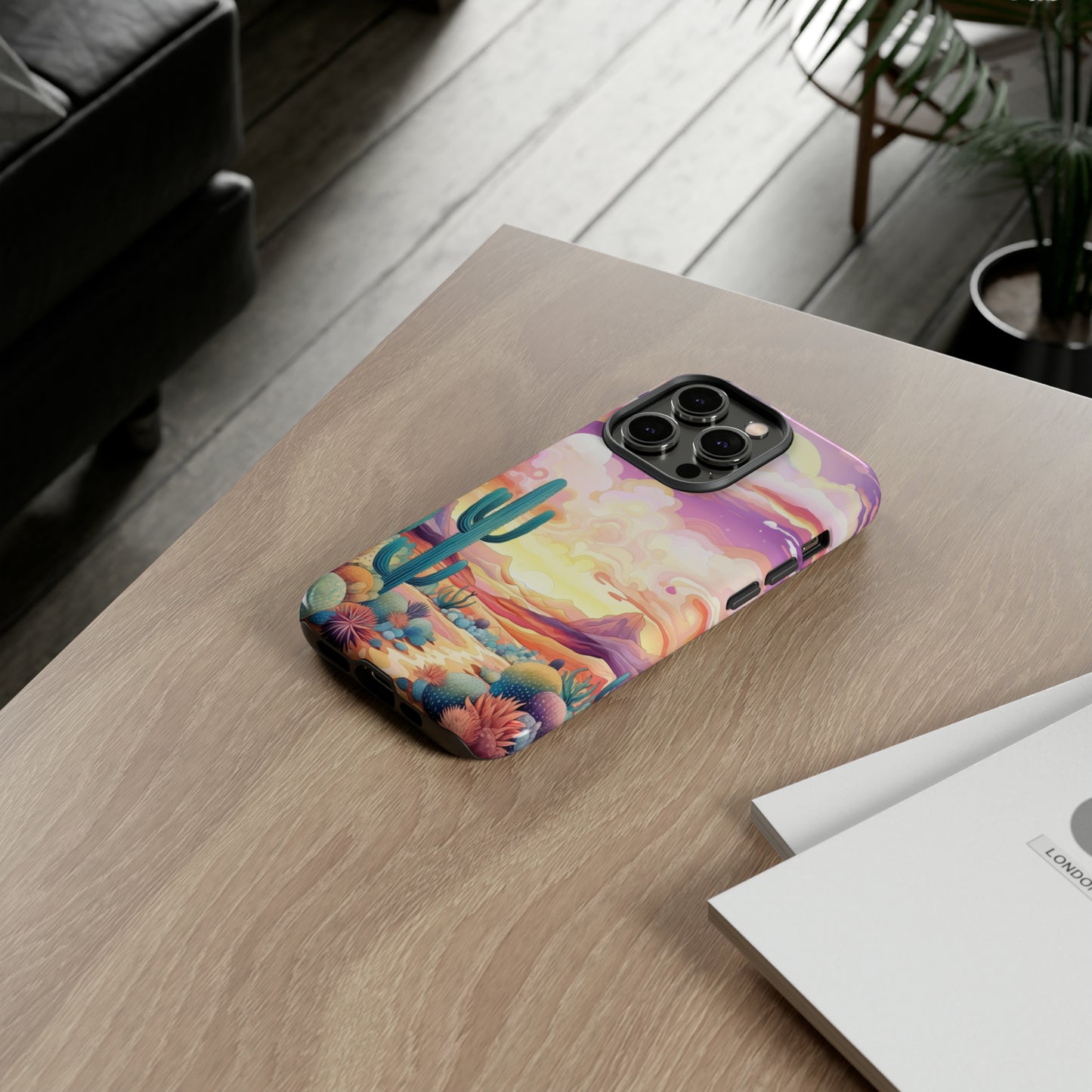 Introducing our Western Tough Cell Phone Case: Psychedelic Desert Dream Edition! Step into a surreal world with a psychedelic desert landscape, dreamy sky, and cactus. This case combines rugged protection with a touch of otherworldly charm.
