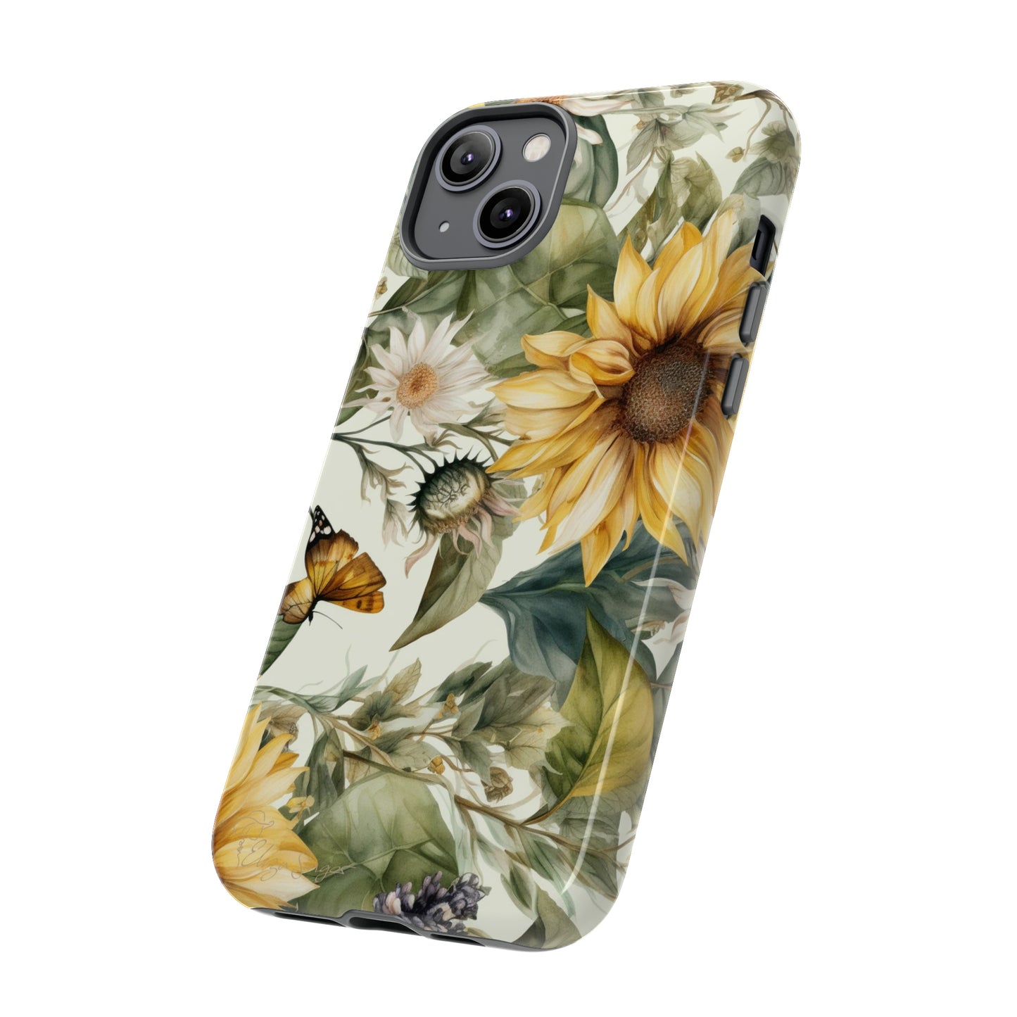 Bask in Sunshine: Beautiful Sunflower Floral iPhone Tough Protective Cover. A charming blend of Flower and Sunflowers in a cottage core style, compatible with iPhone 15, 14, 13, XS, XR Pro/Max/Mini/P/Plus. Elevate Your Device with Nature's Beauty and Durability. #ElizaSinger #PhoneCase #FloralDesign