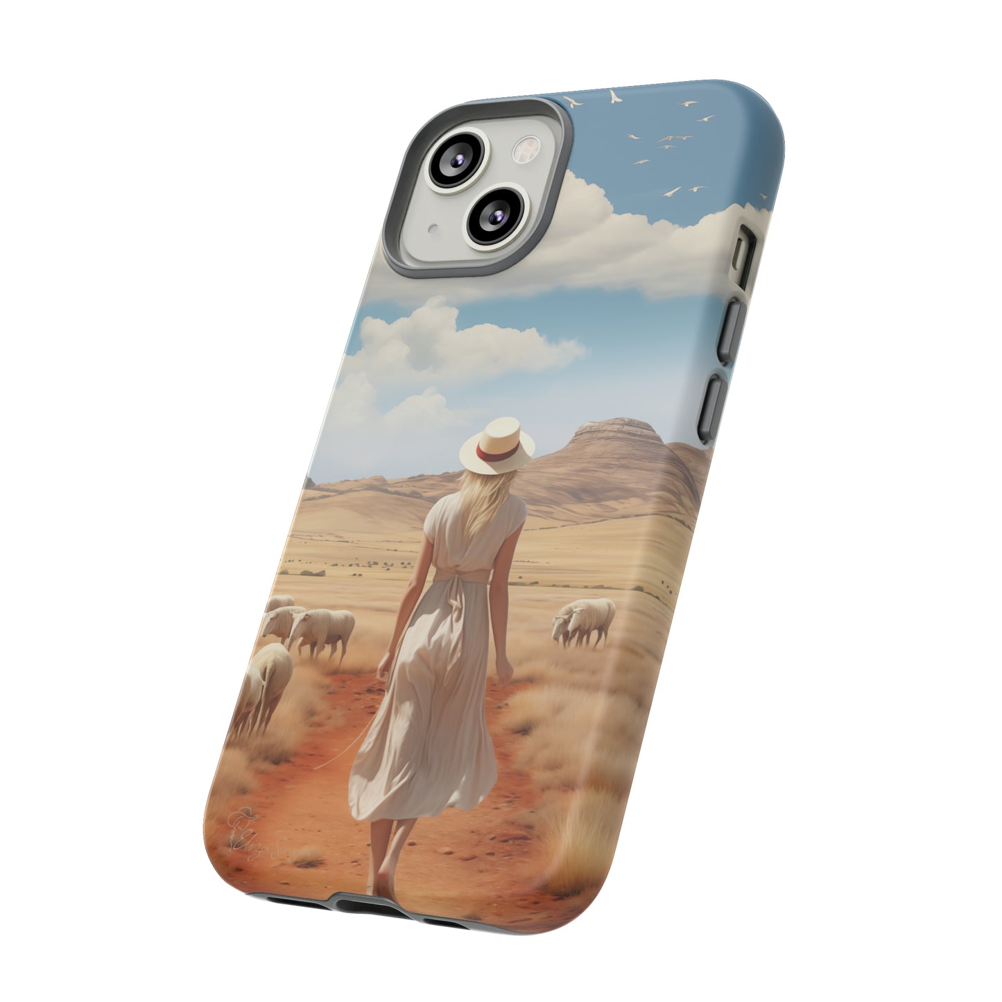 Serenity in Hand: Our Tough Western Cell Phone Case invites you to experience tranquility. A vintage painted design portrays a woman in a skirt and hat walking on a dirt road through a prairie, with grazing sheep. Let the vanishing horizon captivate your senses. Elevate your phone with timeless beauty. #ElizaSinger #PhoneCase