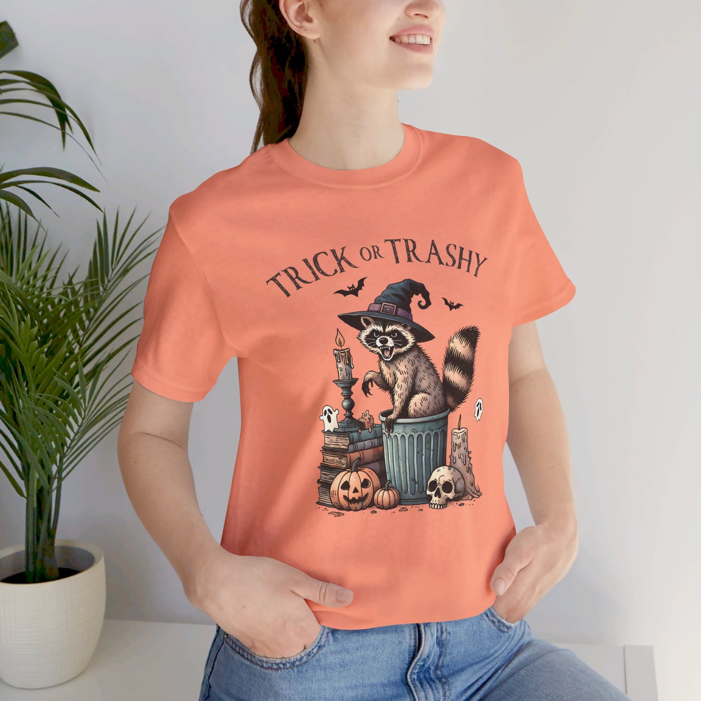 Trick or Trashy: Halloween Bella Canvas T-shirt with Raccoon