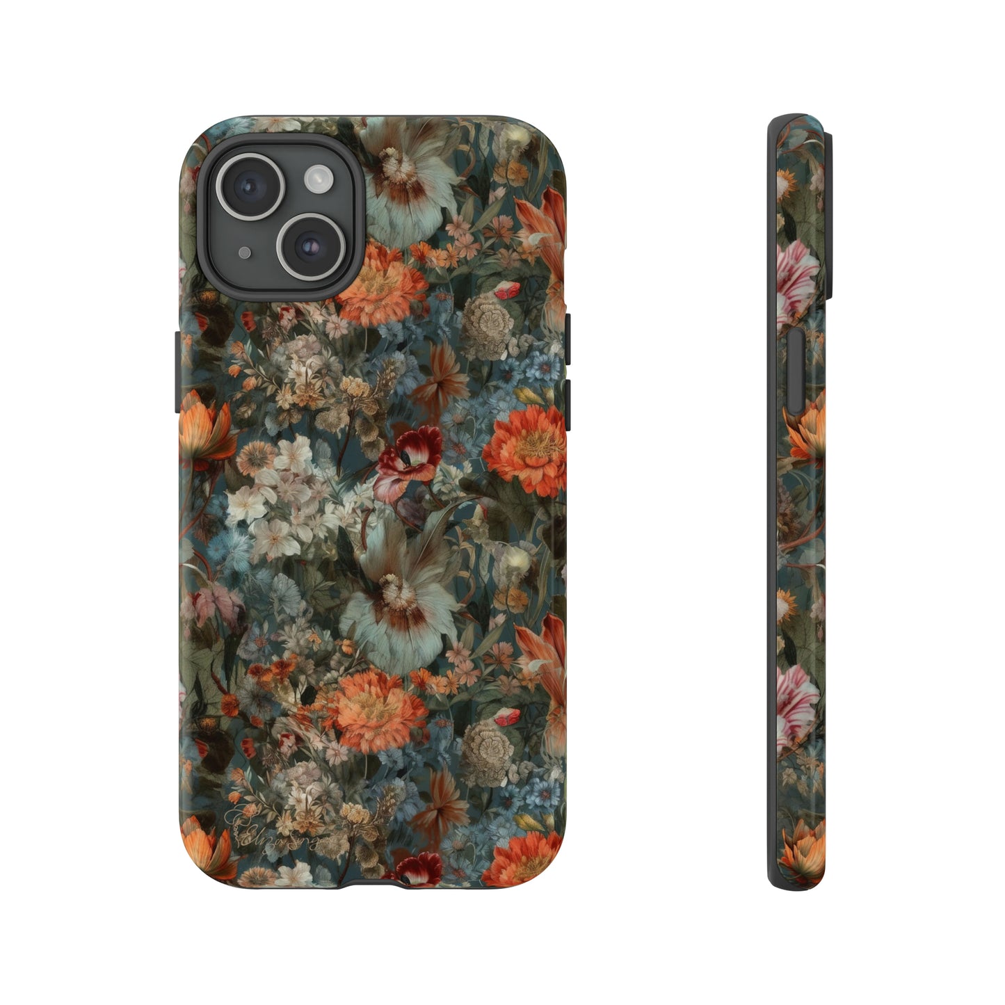 Blooms in Shadows: Botany Floral Dark Flowers iPhone Tough Protective Cover. A captivating blend of Flowers in muted colors, compatible with iPhone 15, 14, 13, XS, XR Pro/Max/Mini/P/Plus. Unleash Nature's Elegance with Durability and Style. #ElizaSinger #PhoneCase #FloralDesign