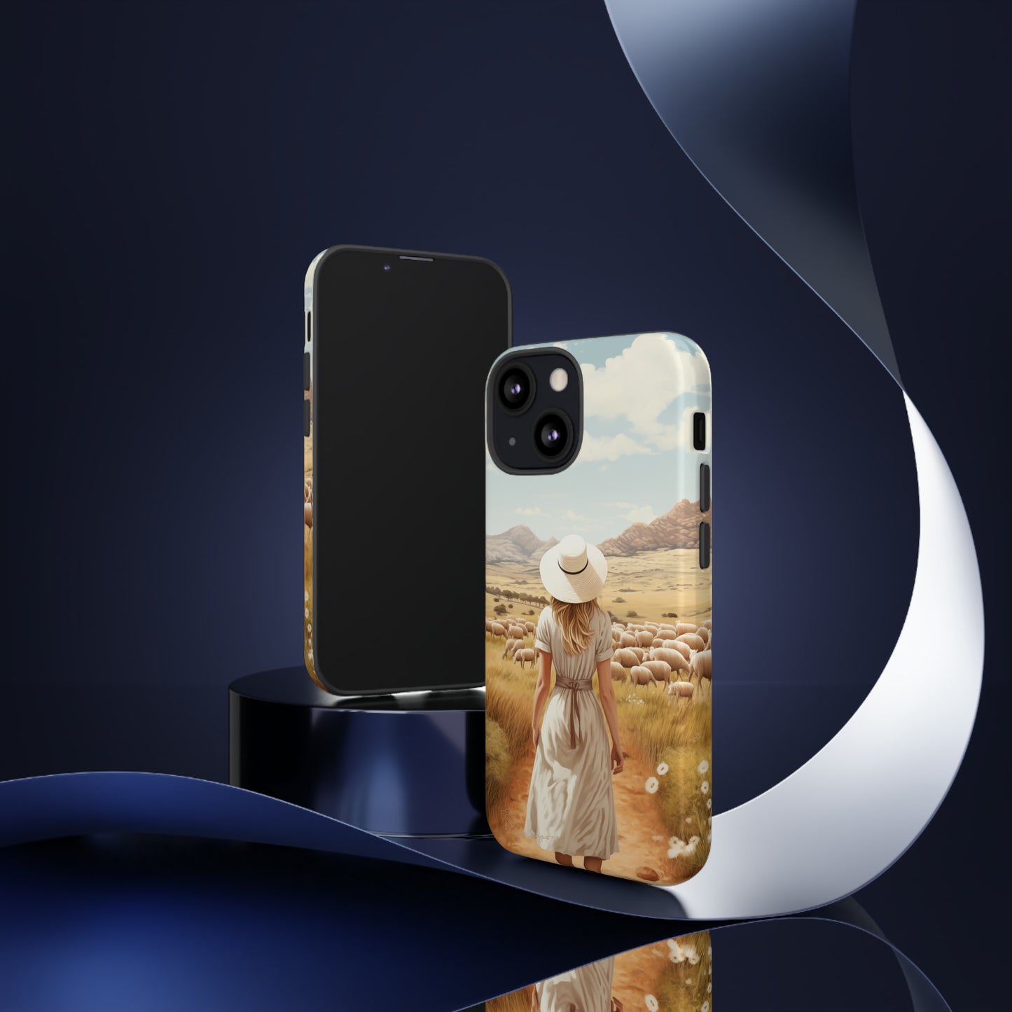 Dreamy Nostalgia: Immerse yourself in a vintage painted landscape with our Tough Western Cell Phone Case. Adorned with a woman in a hat strolling through a prairie with sheep, this edition captures the magic of the past. Elevate your phone with timeless charm. #ElizaSinger #PhoneCase