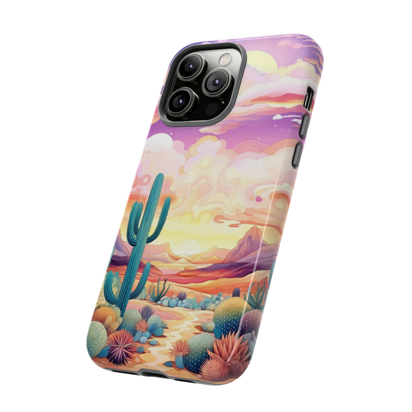 Introducing our Western Tough Cell Phone Case: Psychedelic Desert Dream Edition! Step into a surreal world with a psychedelic desert landscape, dreamy sky, and cactus. This case combines rugged protection with a touch of otherworldly charm.