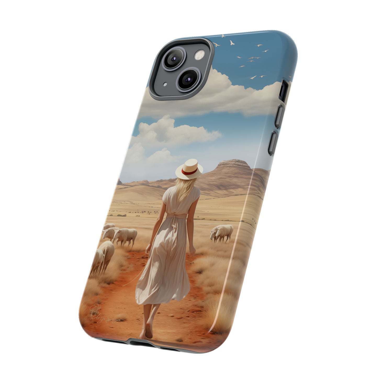 Serenity in Hand: Our Tough Western Cell Phone Case invites you to experience tranquility. A vintage painted design portrays a woman in a skirt and hat walking on a dirt road through a prairie, with grazing sheep. Let the vanishing horizon captivate your senses. Elevate your phone with timeless beauty. #ElizaSinger #PhoneCase
