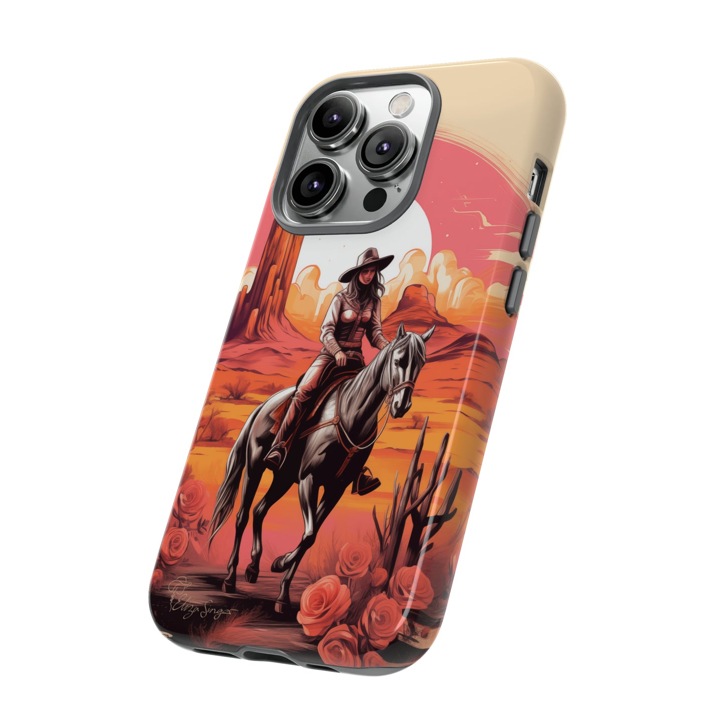 Feminine Adventure Unleashed: Introducing our Tough Western Cell Phone Case, adorned with a stunning design of a cowgirl riding a horse through the desert, surrounded by shades of coral. This unique edition seamlessly combines rugged protection with a touch of feminine flair. Elevate your style with a dash of adventurous charm. #ElizaSinger #PhoneCase #FeminineAdventure