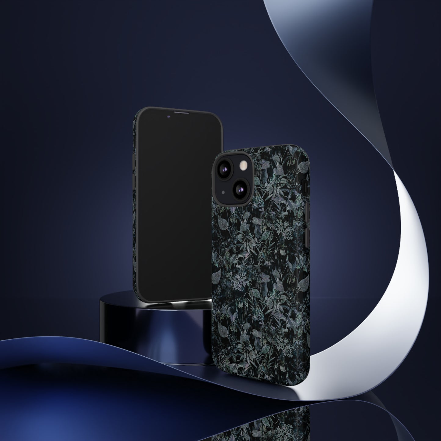 Blossom in Style: Botany Floral Dark Flowers Blue Denim iPhone Tough Protective Cover. This case features a Flower and Muted Grey Design, compatible with iPhone 15, 14, 13, XS, XR Pro/Max/Mini/P/Plus. Unleash Nature's Beauty with Style and Durability. #ElizaSinger #PhoneCase #FloralDesign
