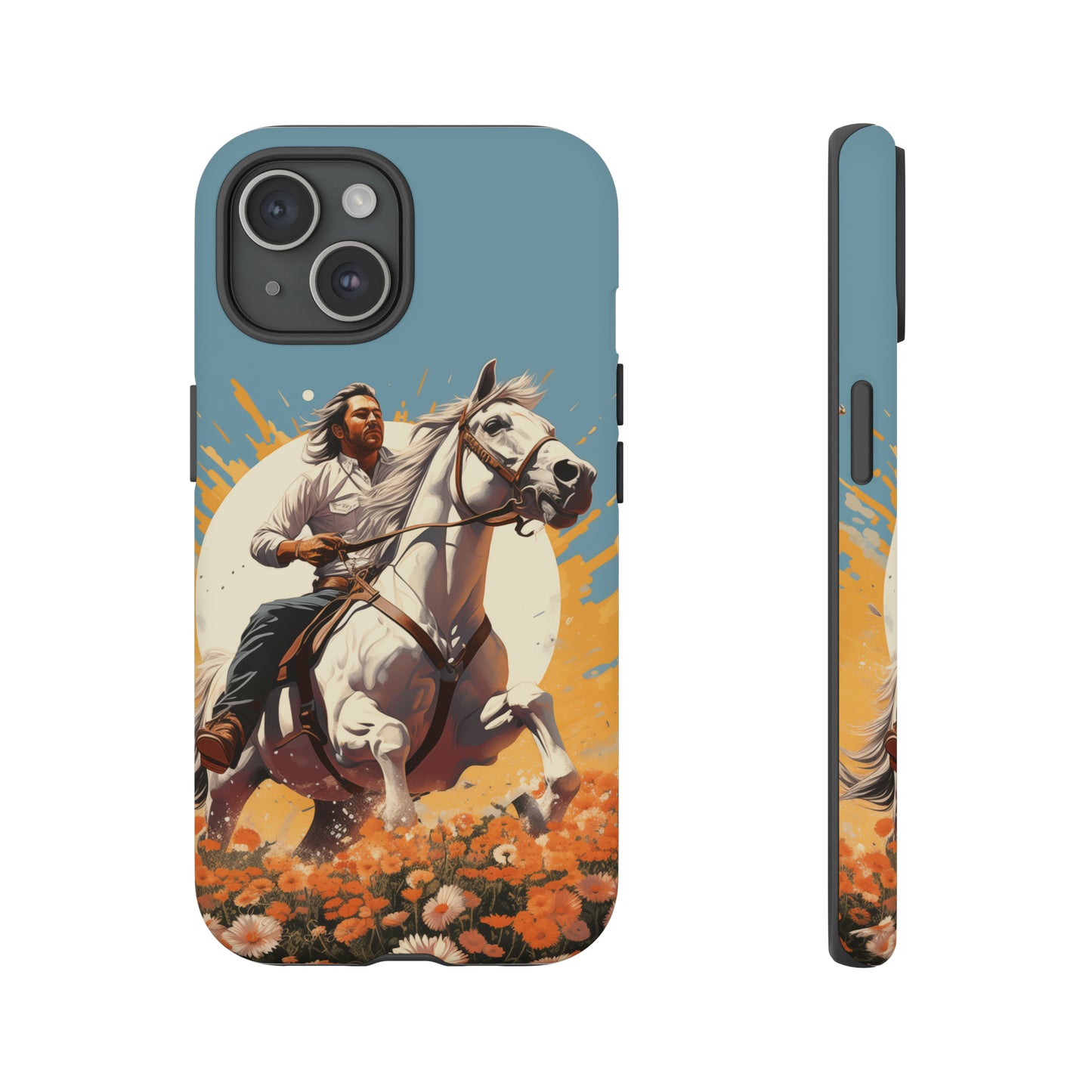 Retro Radiance Unleashed: Behold our Tough Western Cell Phone Case, featuring a vintage white horse and male rider on a vibrant turquoise backdrop. Set in a field of flowers with the sun casting a warm glow, this edition seamlessly blends style with protection. Embrace the past with this retro and stylish accessory. #ElizaSinger #PhoneCase #RetroRadiance