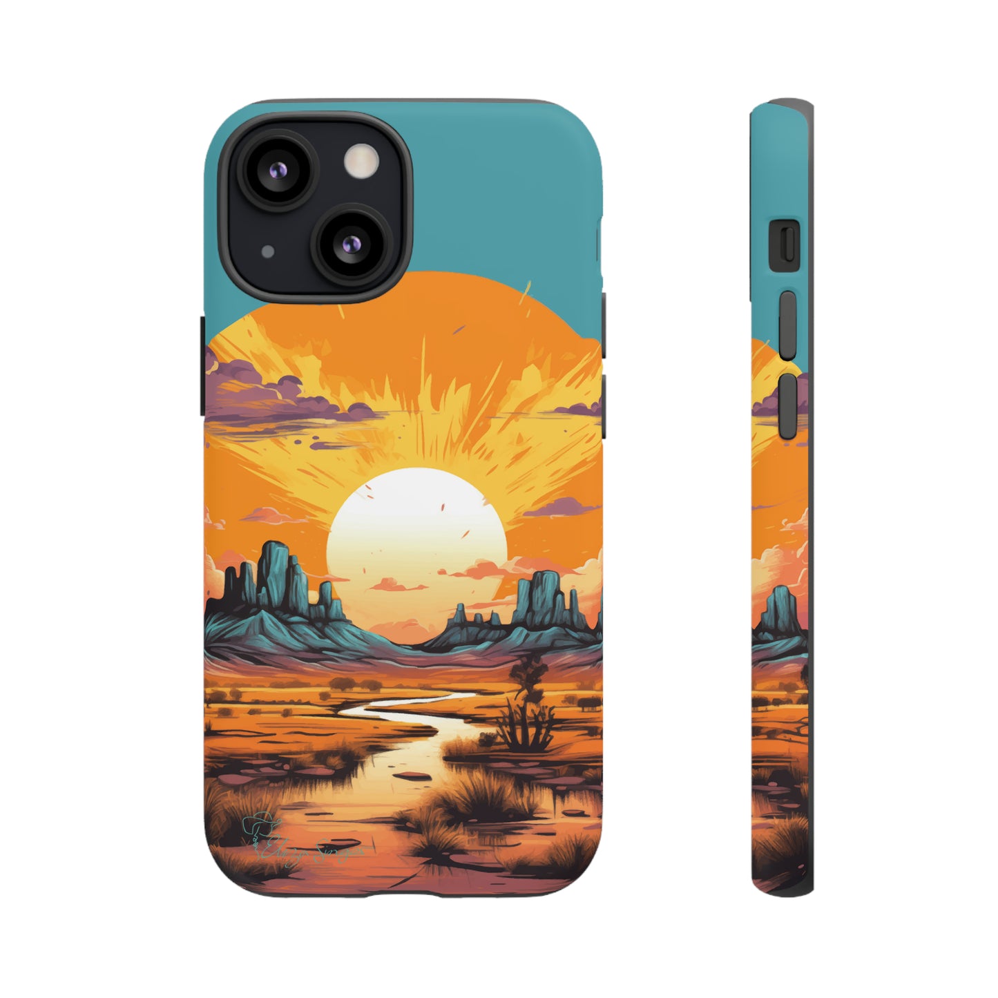 Introducing our Tough Western Cell Phone Case: Turquoise Twilight Oasis Edition! This captivating design showcases a serene landscape with a turquoise background and a mesmerizing setting sun. Enjoy the perfect blend of rugged protection and artistic flair.