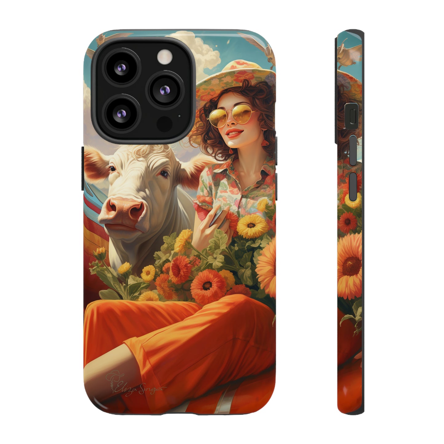 Timeless Retro Charm: Step back in time with our Tough Western Cell Phone Case. Featuring a vintage and bright design, a woman in a hat with daisies is accompanied by a cow looking over her shoulder. Experience the perfect blend of retro aesthetics and durability. Elevate your style with a touch of nostalgia. #ElizaSinger #PhoneCase #RetroStyle