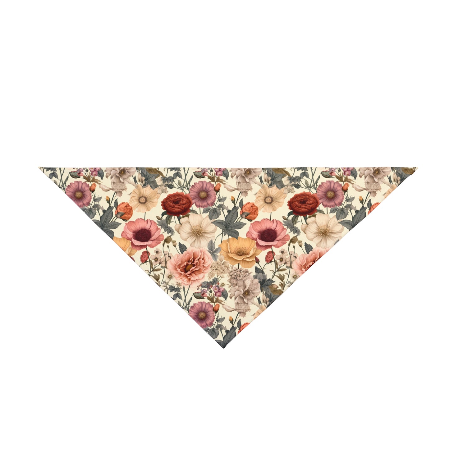 Embrace vintage charm with our Vintage Petals Dog Bandana/Wild Rag. Realistic flowers in shades of sand, cream, orange, and yellows create a muted, old-style elegance. Crafted from soft-spun polyester, this wild rag ensures comfort and style. Make a statement on every adventure with this exclusive design, available only at Eliza Singer.