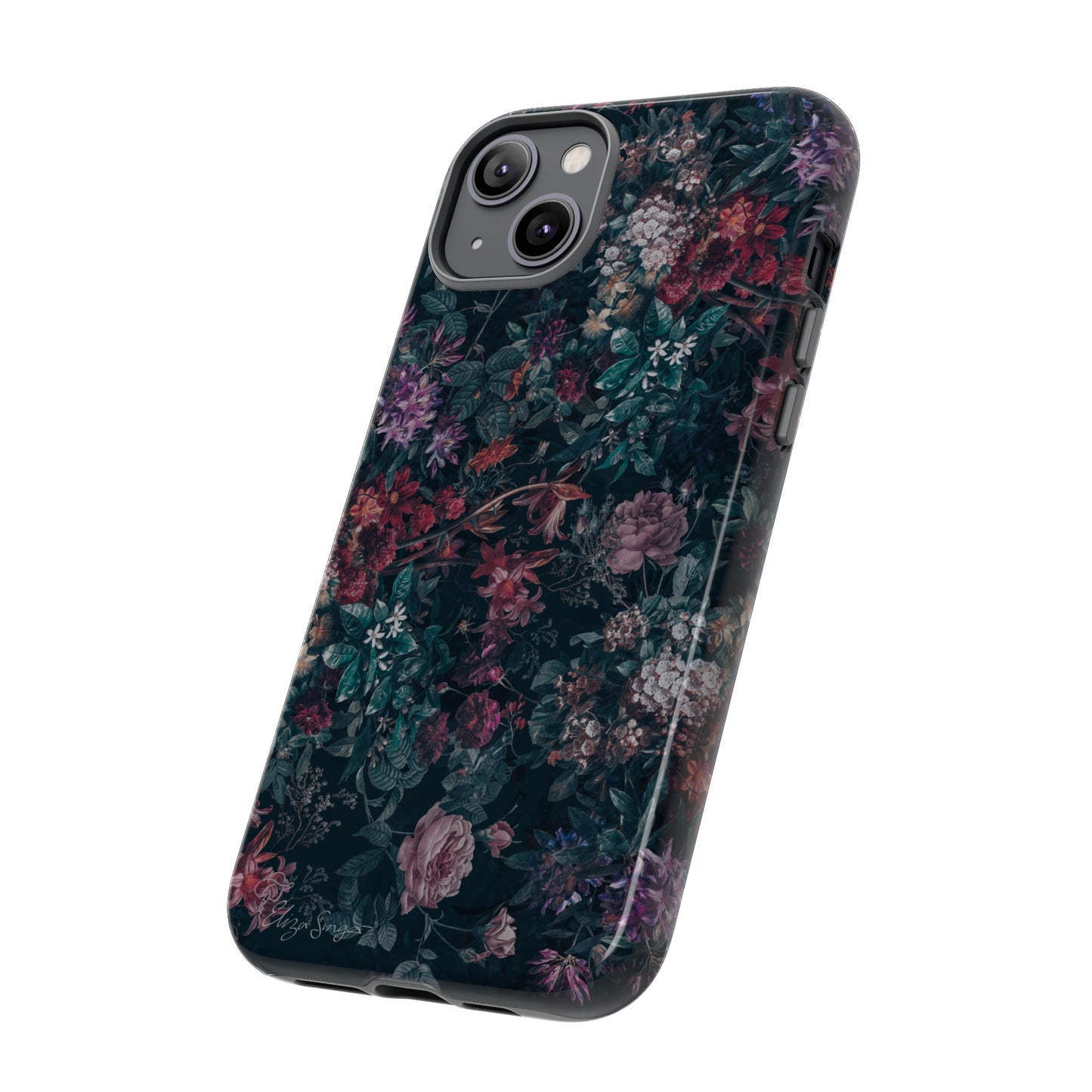 Blooms in Shadows: Botany Floral Dark iPhone Tough Protective Cover. A captivating blend of Flowers in a muted design, compatible with iPhone 15, 14, 13, 12, 11, XS, XR Pro/Max/Mini/P/Plus. Unleash Nature's Elegance with Durability and Style. #ElizaSinger #PhoneCase #FloralDesign