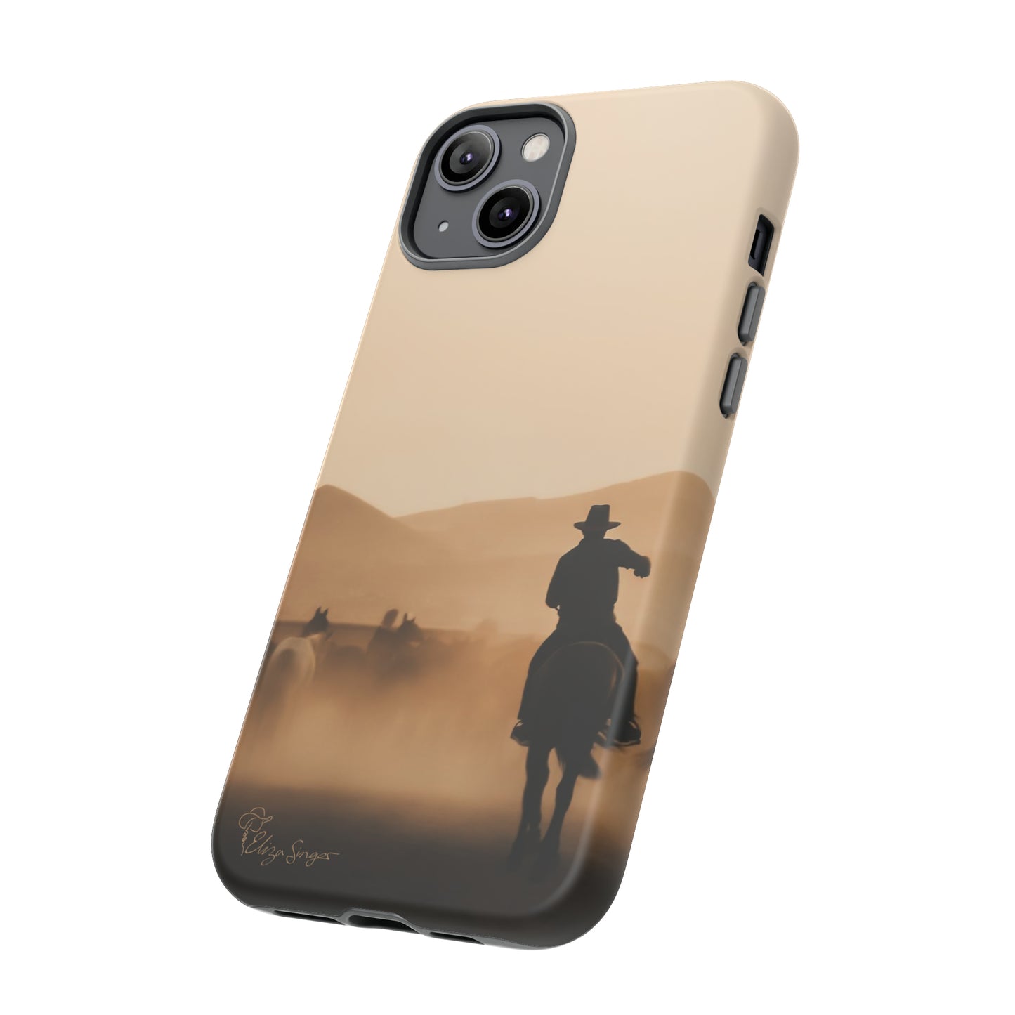 Capture the Western Spirit: Horse Art Western Photo Yellowstone Design iPhone Tough Protective Cover. Featuring a Cowboy amidst Mountains and Buckskin hues. Compatible with iPhone 15, 14, 13, XS, XR Pro/Max/Mini/P/Plus. Bring the Wild West to Your Device with Style and Durability. #ElizaSinger #PhoneCase #WesternDesign