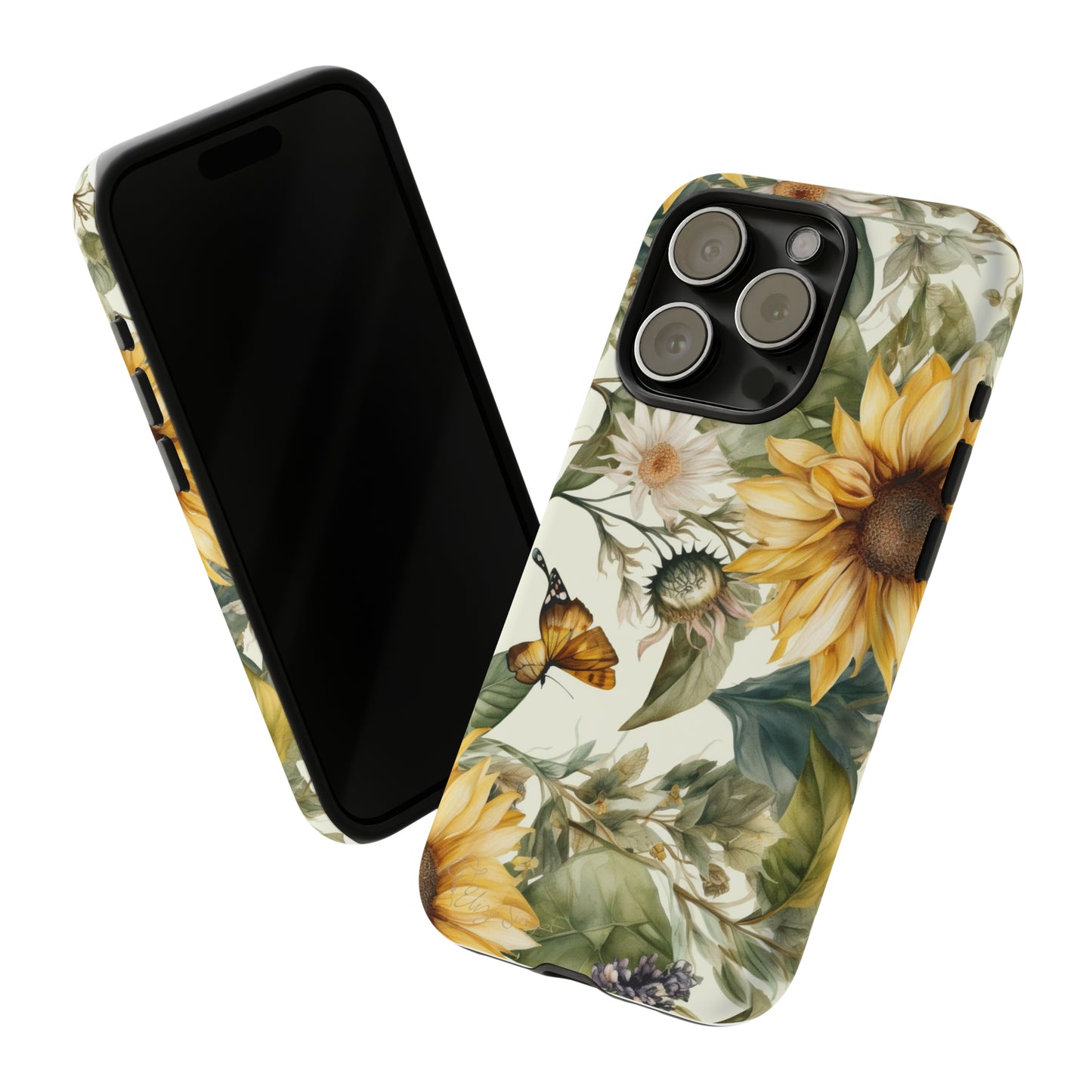 Bask in Sunshine: Beautiful Sunflower Floral iPhone Tough Protective Cover. A charming blend of Flower and Sunflowers in a cottage core style, compatible with iPhone 15, 14, 13, XS, XR Pro/Max/Mini/P/Plus. Elevate Your Device with Nature's Beauty and Durability. #ElizaSinger #PhoneCase #FloralDesign
