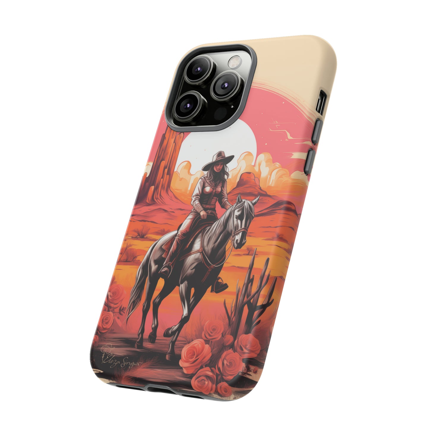 Feminine Adventure Unleashed: Introducing our Tough Western Cell Phone Case, adorned with a stunning design of a cowgirl riding a horse through the desert, surrounded by shades of coral. This unique edition seamlessly combines rugged protection with a touch of feminine flair. Elevate your style with a dash of adventurous charm. #ElizaSinger #PhoneCase #FeminineAdventure