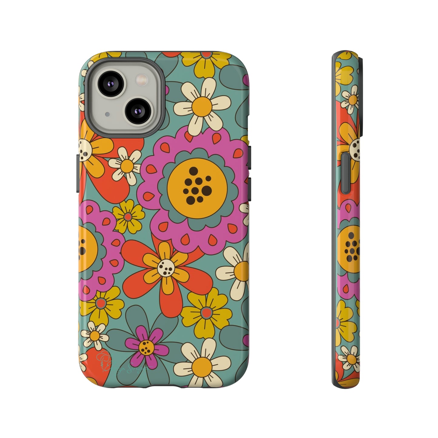 Step into the Groove: Groovy Hippie Hippy Design iPhone Tough Protective Cover. A nod to the 60's with Daisy Design in Turquoise and Pink. Compatible with iPhone 15, 14, 13, XS, XR Pro/Max/Mini/P/Plus. Embrace Retro Vibes with Style and Durability. #ElizaSinger #PhoneCase #GroovyDesign