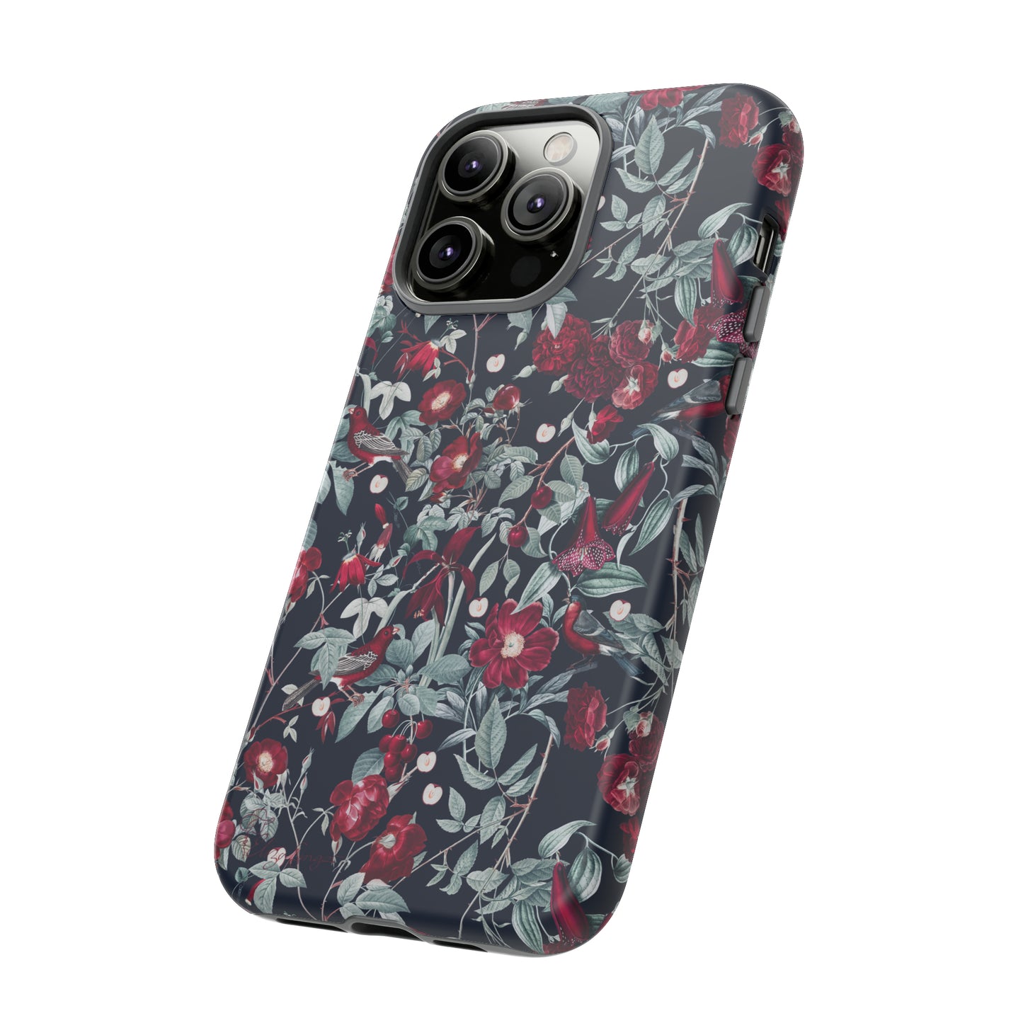 Blossom Serenade: Cherry Blossom Serenade Burgundy Navy Dark iPhone Tough Protective Cover. A captivating blend of Flowers in burgundy and navy hues, featuring a muted design. Compatible with iPhone 15, 14, 13, XS, XR Pro/Max/Mini/P/Plus. Elevate your device with this enchanting and stylish protective cover. #ElizaSinger #PhoneCase #FloralDesign