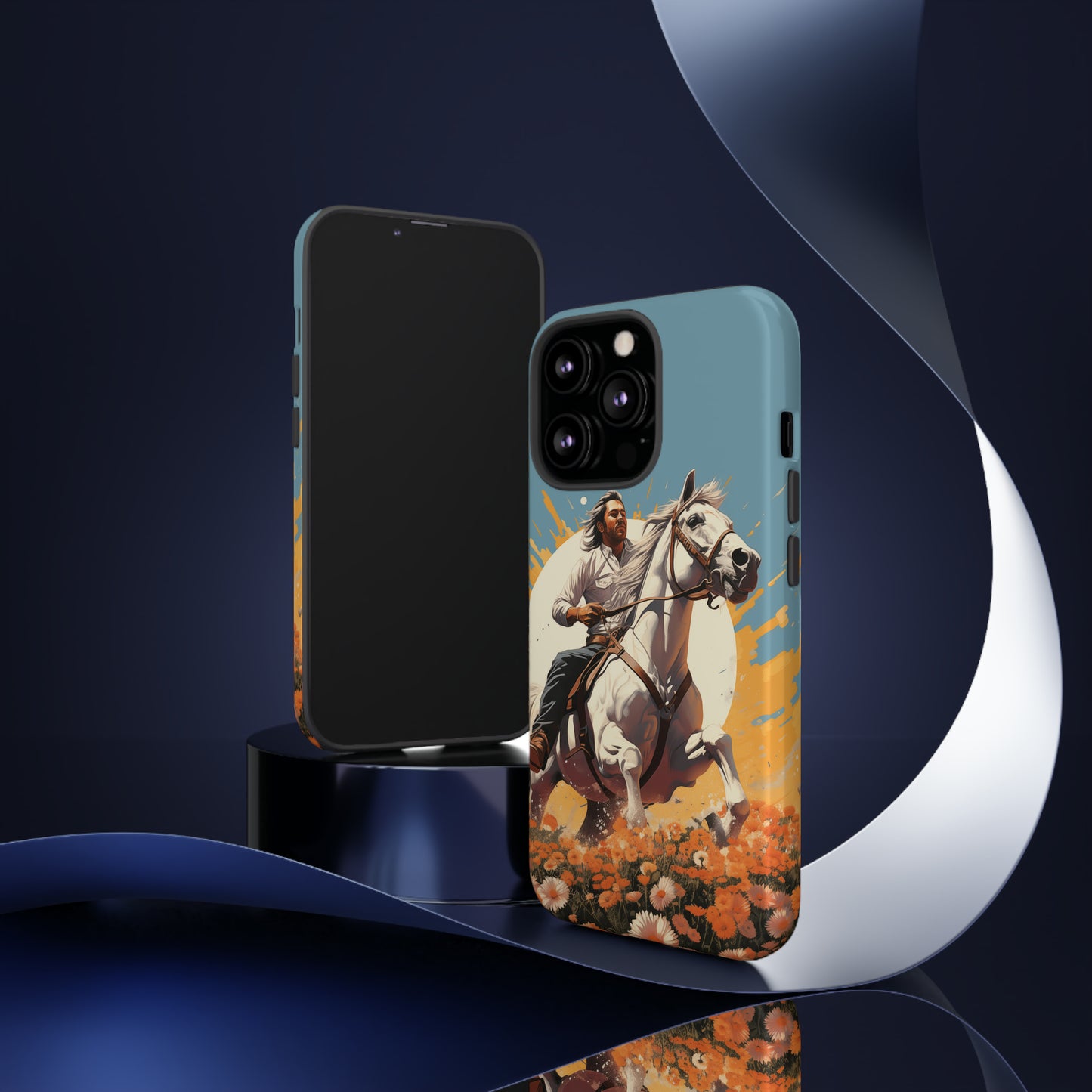 Retro Radiance Unleashed: Behold our Tough Western Cell Phone Case, featuring a vintage white horse and male rider on a vibrant turquoise backdrop. Set in a field of flowers with the sun casting a warm glow, this edition seamlessly blends style with protection. Embrace the past with this retro and stylish accessory. #ElizaSinger #PhoneCase #RetroRadiance