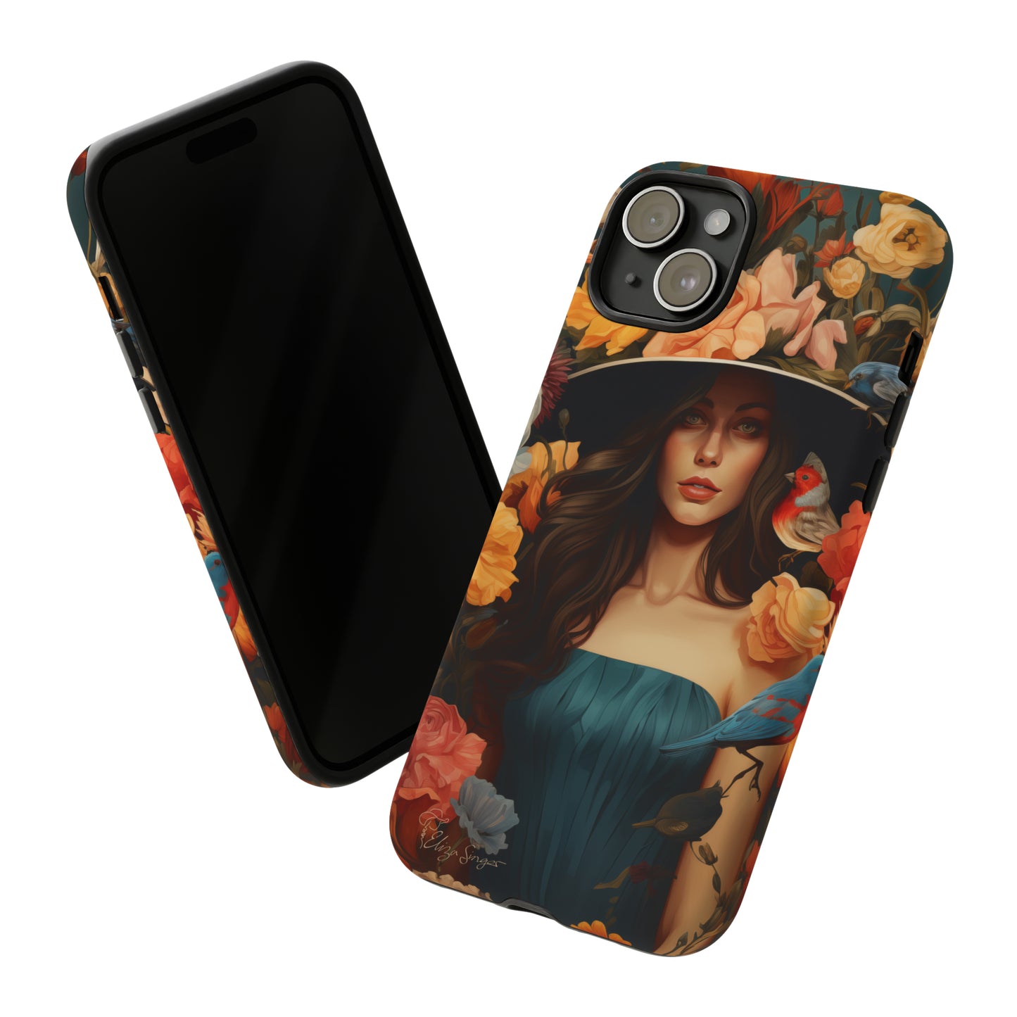 Dark Elegance Unveiled: Explore our Tough Cell Phone Case with a captivating dark background and a woman adorned with a hat amid blooming flowers. This edition seamlessly blends sophistication with robust protection, showcasing the allure of dark elegance. Elevate your style and shield your device. #ElizaSinger #PhoneCase #ElegantProtection