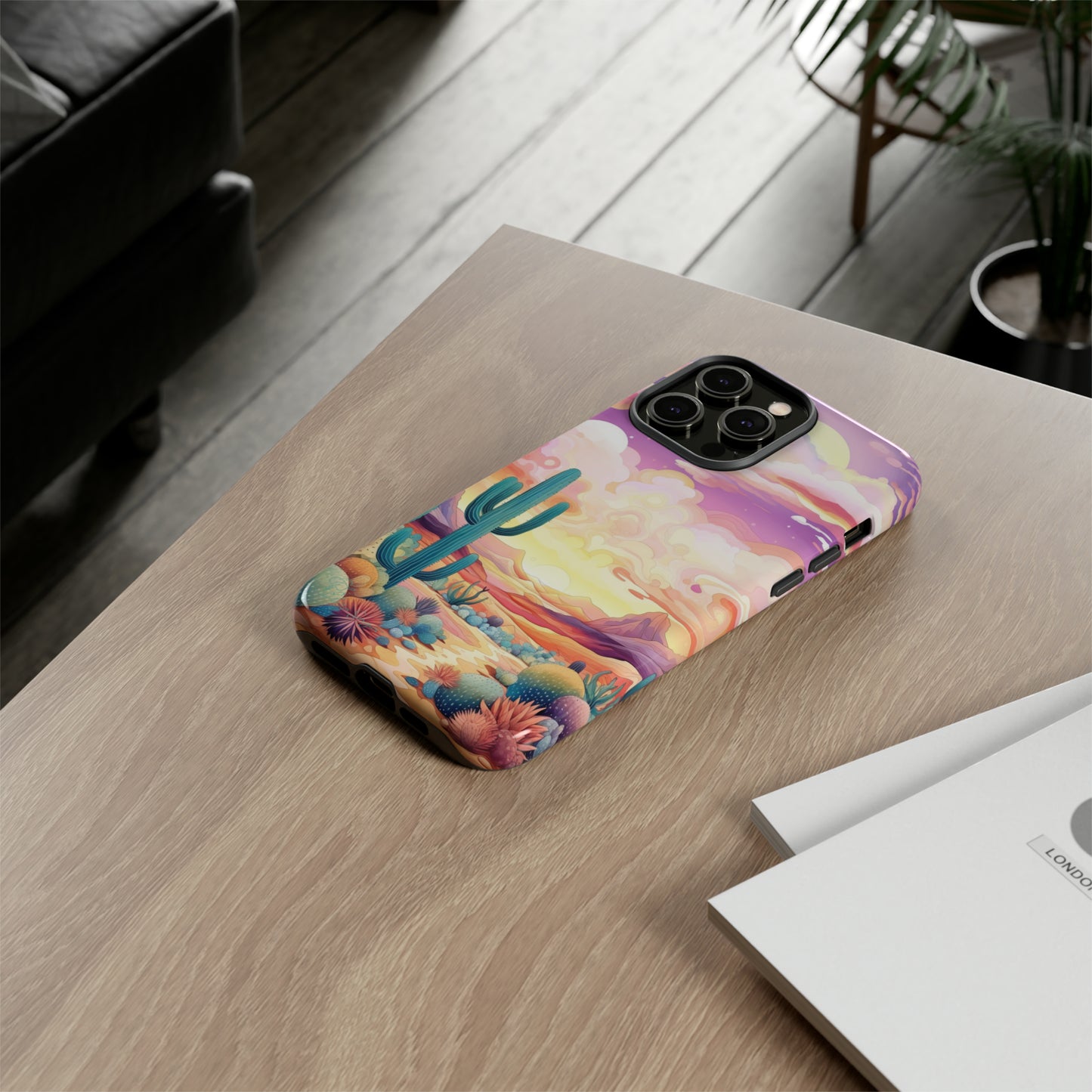 Introducing our Western Tough Cell Phone Case: Psychedelic Desert Dream Edition! Step into a surreal world with a psychedelic desert landscape, dreamy sky, and cactus. This case combines rugged protection with a touch of otherworldly charm.