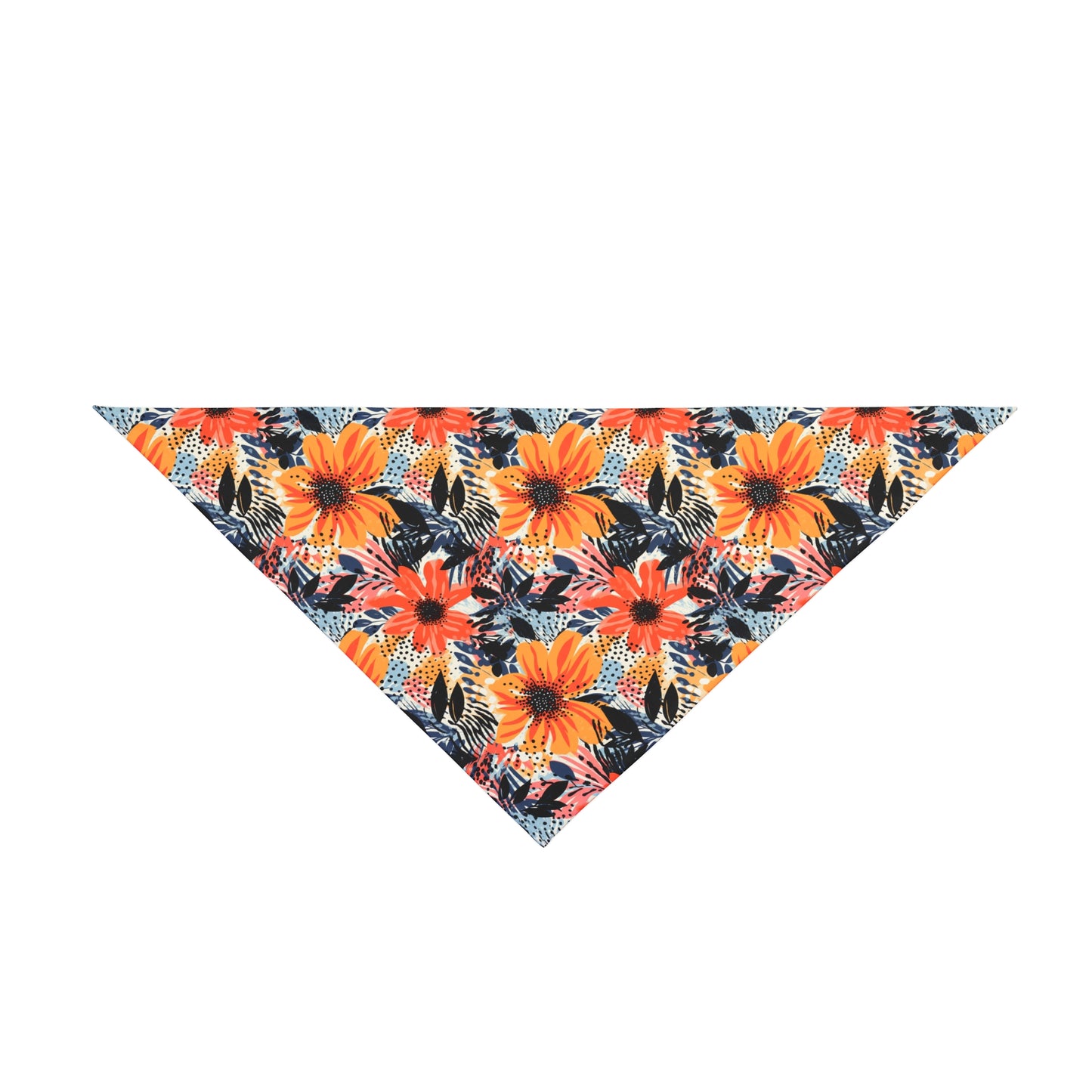 Unleash the beauty of a sunset with our Abstract Sunset Blooms Dog Bandana/Wild Rag. Shades of orange flowers on an abstract background with touches of black create a mesmerizing and artistic look. Crafted from soft-spun polyester, this wild rag ensures comfort and style. Make a bold statement on every adventure with this exclusive design, available only at Eliza Singer.