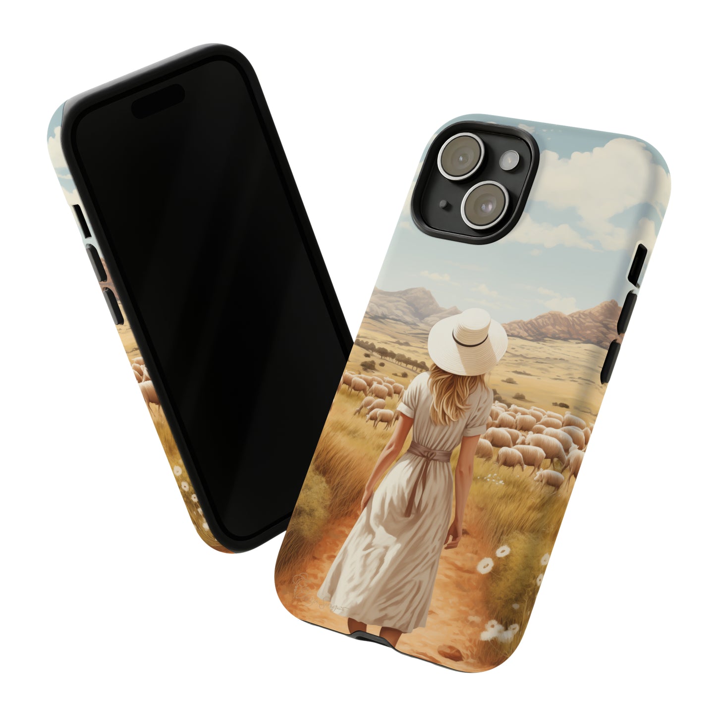 Dreamy Nostalgia: Immerse yourself in a vintage painted landscape with our Tough Western Cell Phone Case. Adorned with a woman in a hat strolling through a prairie with sheep, this edition captures the magic of the past. Elevate your phone with timeless charm. #ElizaSinger #PhoneCase