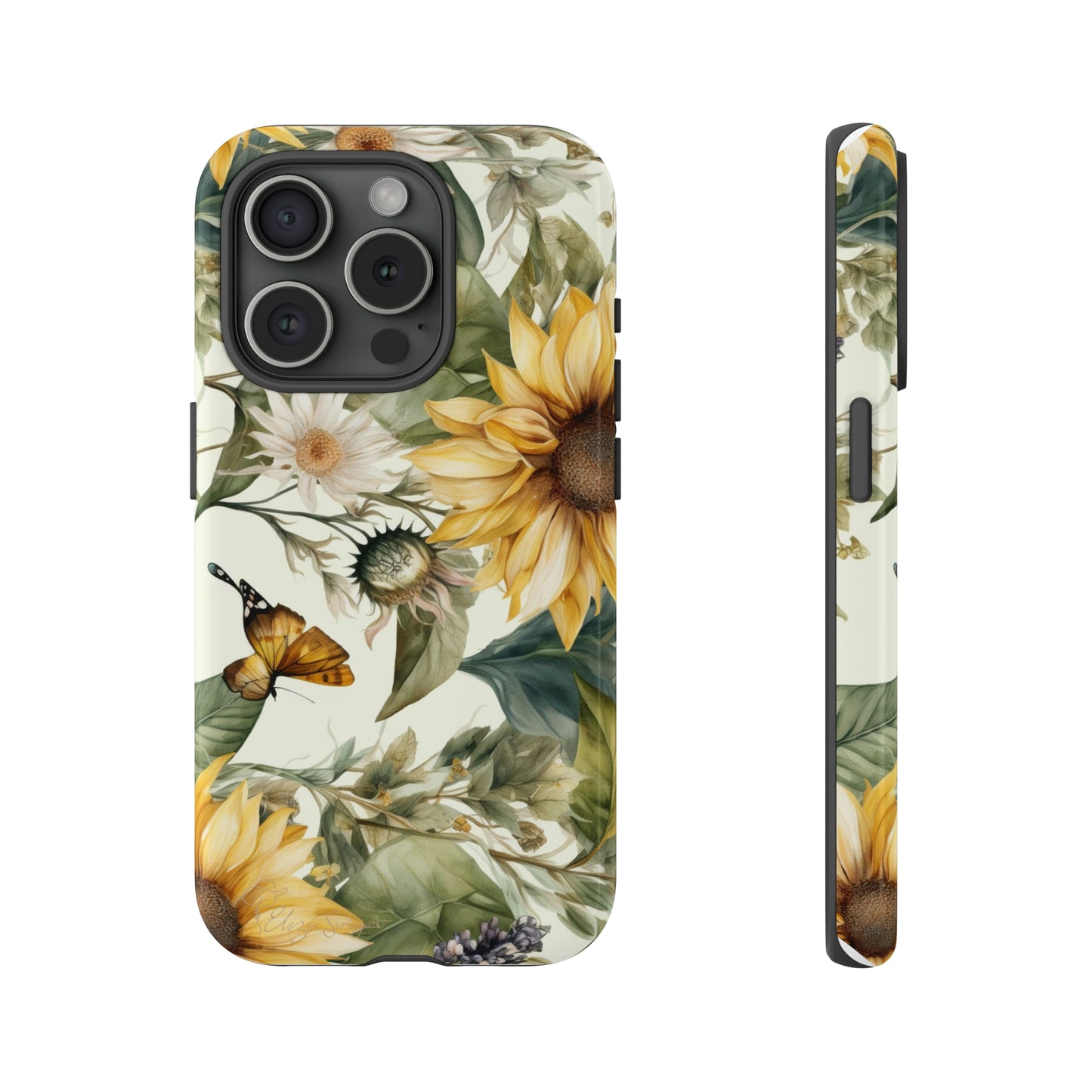 Bask in Sunshine: Beautiful Sunflower Floral iPhone Tough Protective Cover. A charming blend of Flower and Sunflowers in a cottage core style, compatible with iPhone 15, 14, 13, XS, XR Pro/Max/Mini/P/Plus. Elevate Your Device with Nature's Beauty and Durability. #ElizaSinger #PhoneCase #FloralDesign