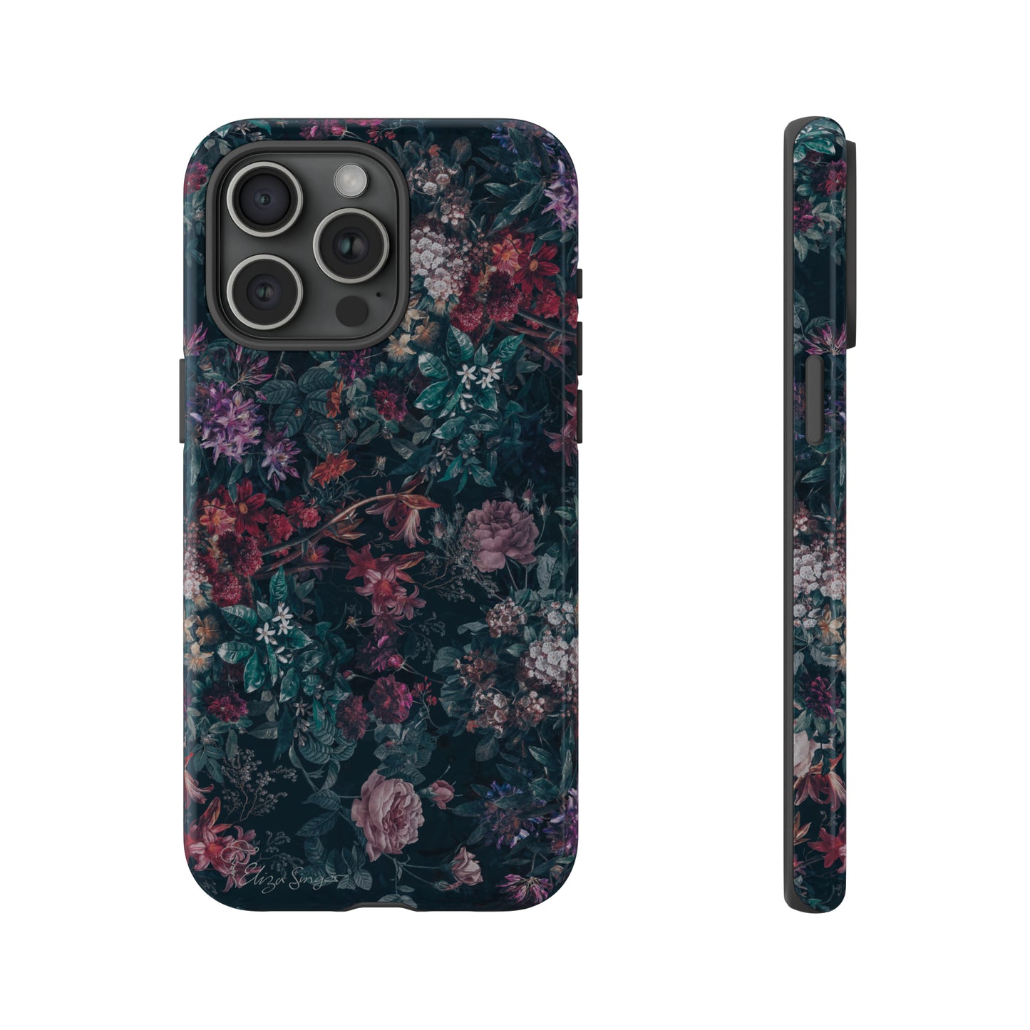 Blooms in Shadows: Botany Floral Dark iPhone Tough Protective Cover. A captivating blend of Flowers in a muted design, compatible with iPhone 15, 14, 13, 12, 11, XS, XR Pro/Max/Mini/P/Plus. Unleash Nature's Elegance with Durability and Style. #ElizaSinger #PhoneCase #FloralDesign