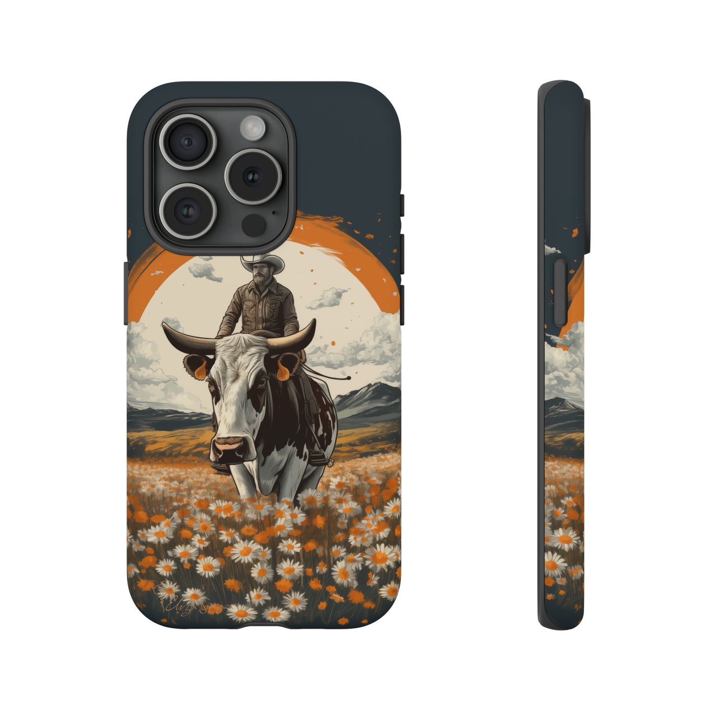 Meet 'Rugged Wrangler': Introducing our Tough Western Cell Phone Case. This unique design seamlessly combines rugged protection with a touch of whimsy, showcasing a fearless cowboy astride a dairy cow amidst a field of vibrant daisies. Elevate your style with this adventurous and protective accessory. #ElizaSinger #PhoneCase #RuggedWrangler